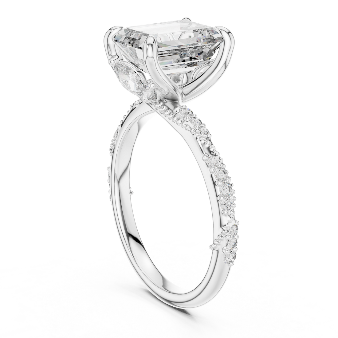 Emerald And Round Cut Brilliant Moissanite VVS1 Eternity Engagement Ring