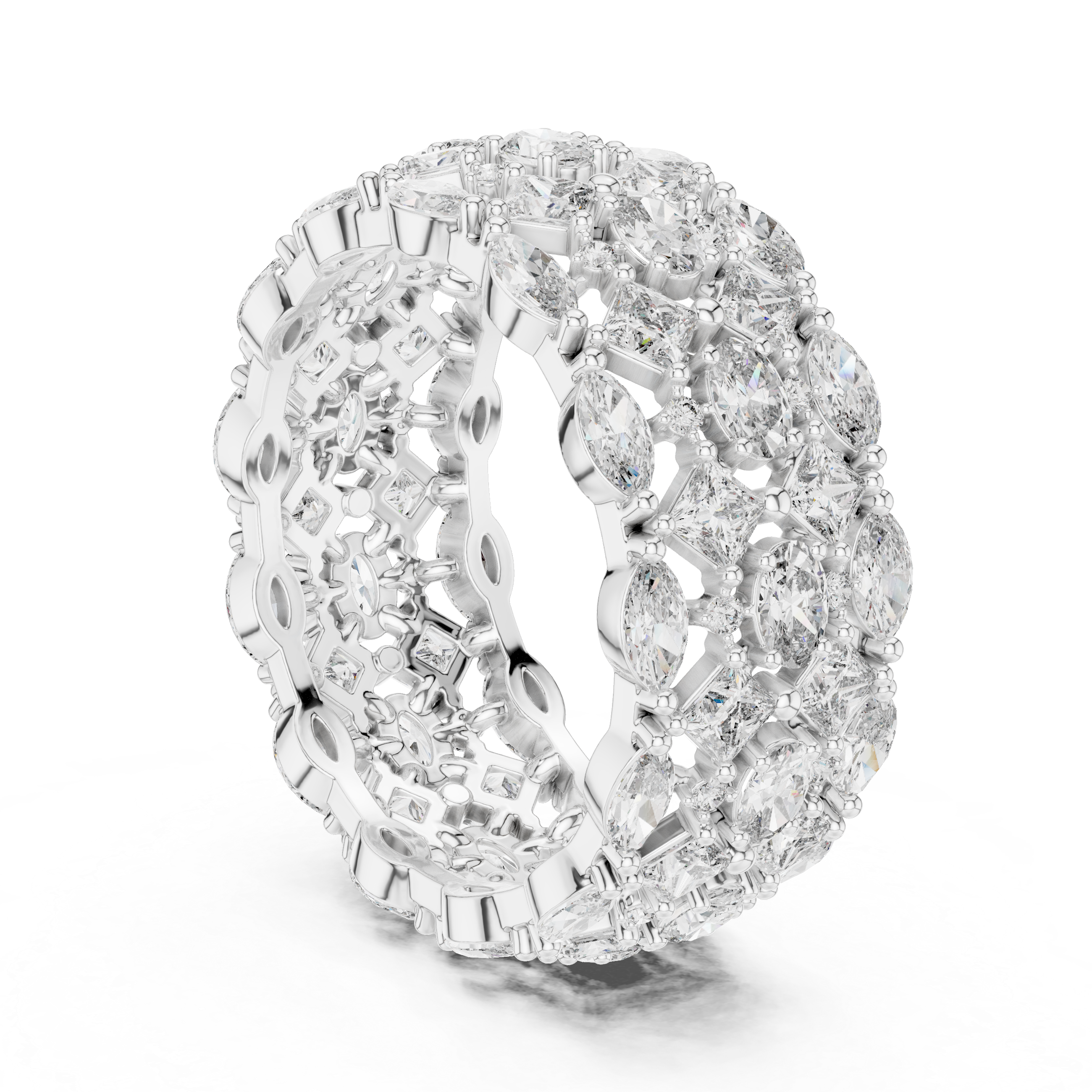 Five Row Marquise, Princess, Oval And Round Brilliant Moissanite VVS1 Eternity Band