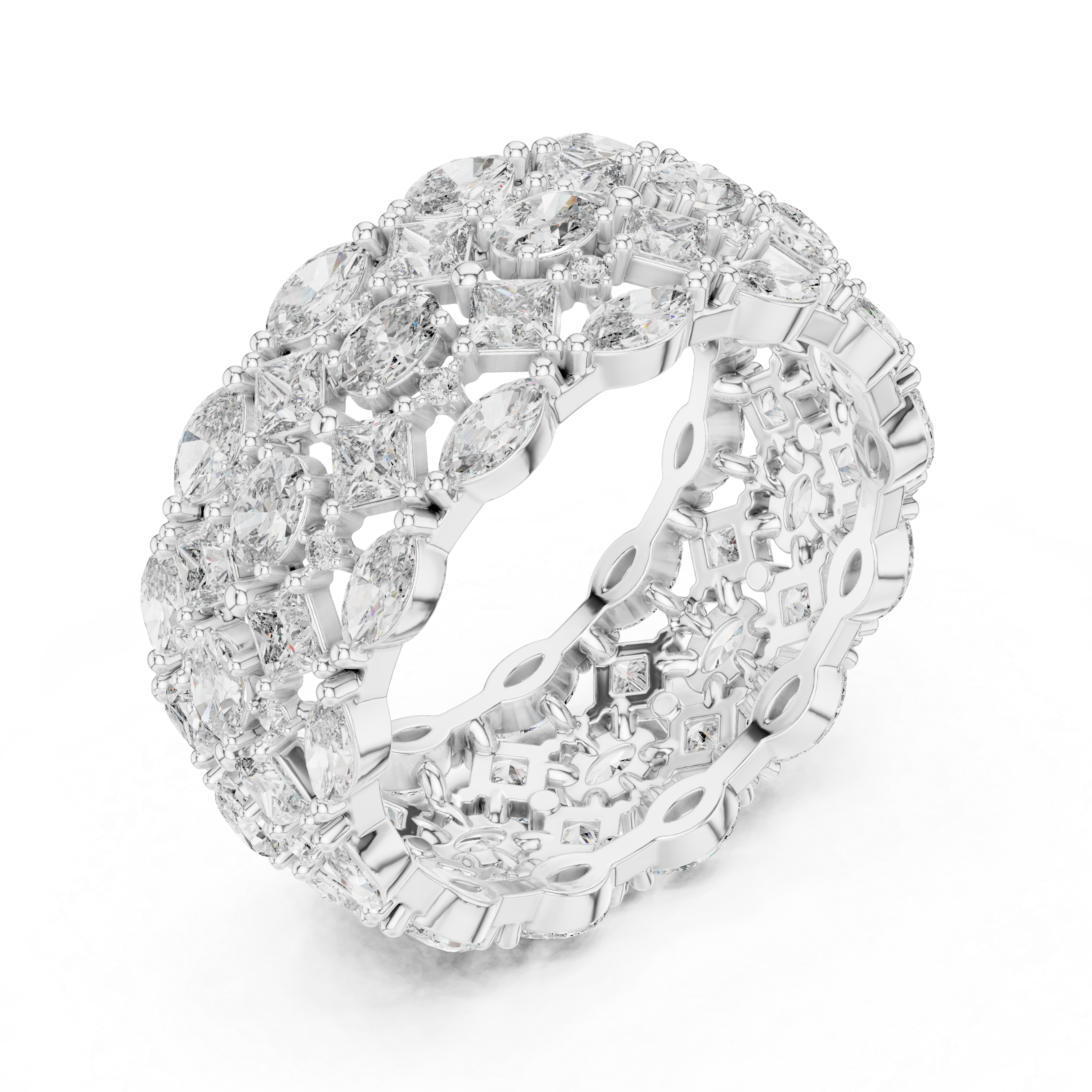 Five Row Marquise, Princess, Oval And Round Brilliant Moissanite VVS1 Eternity Band