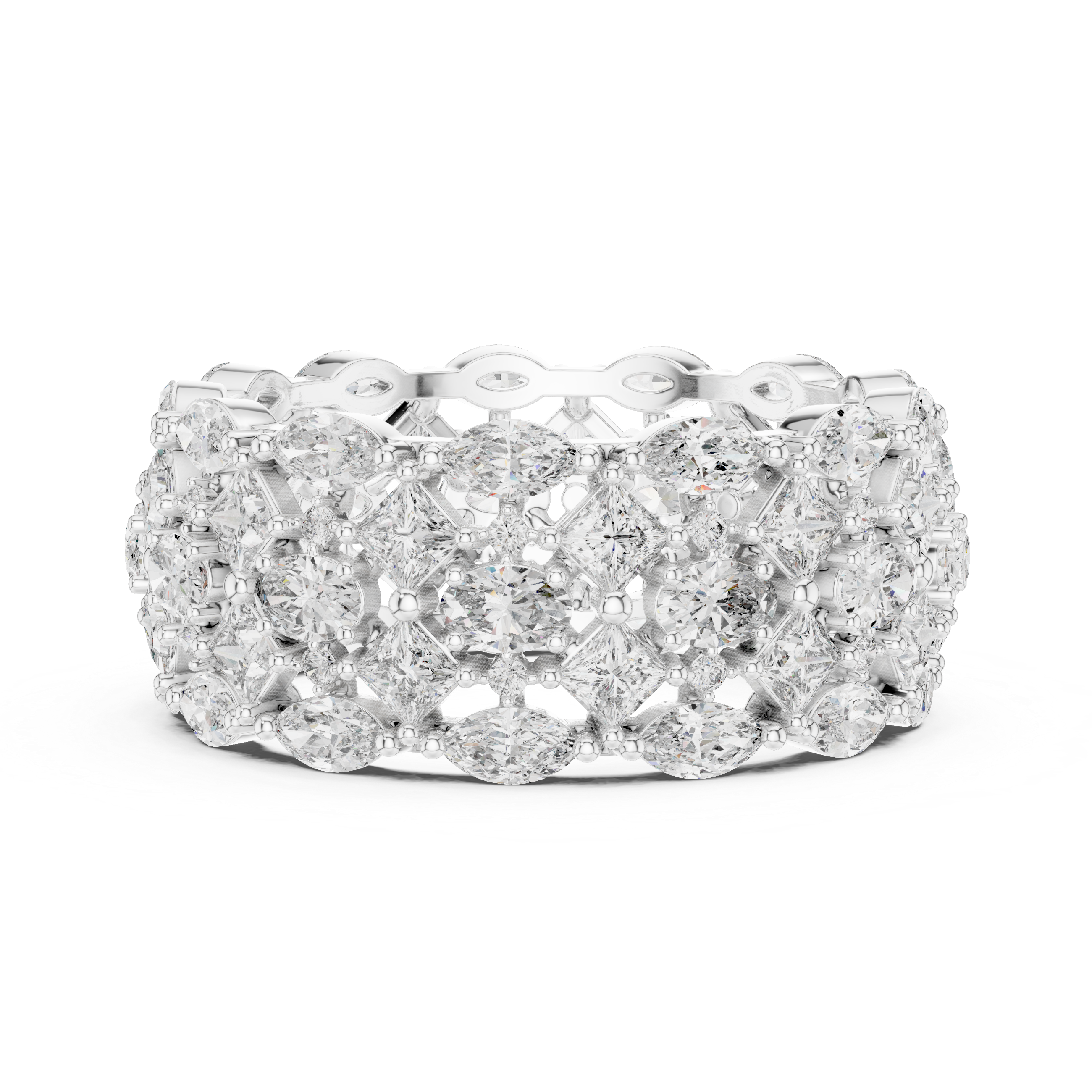 Five Row Marquise, Princess, Oval And Round Brilliant Moissanite VVS1 Eternity Band