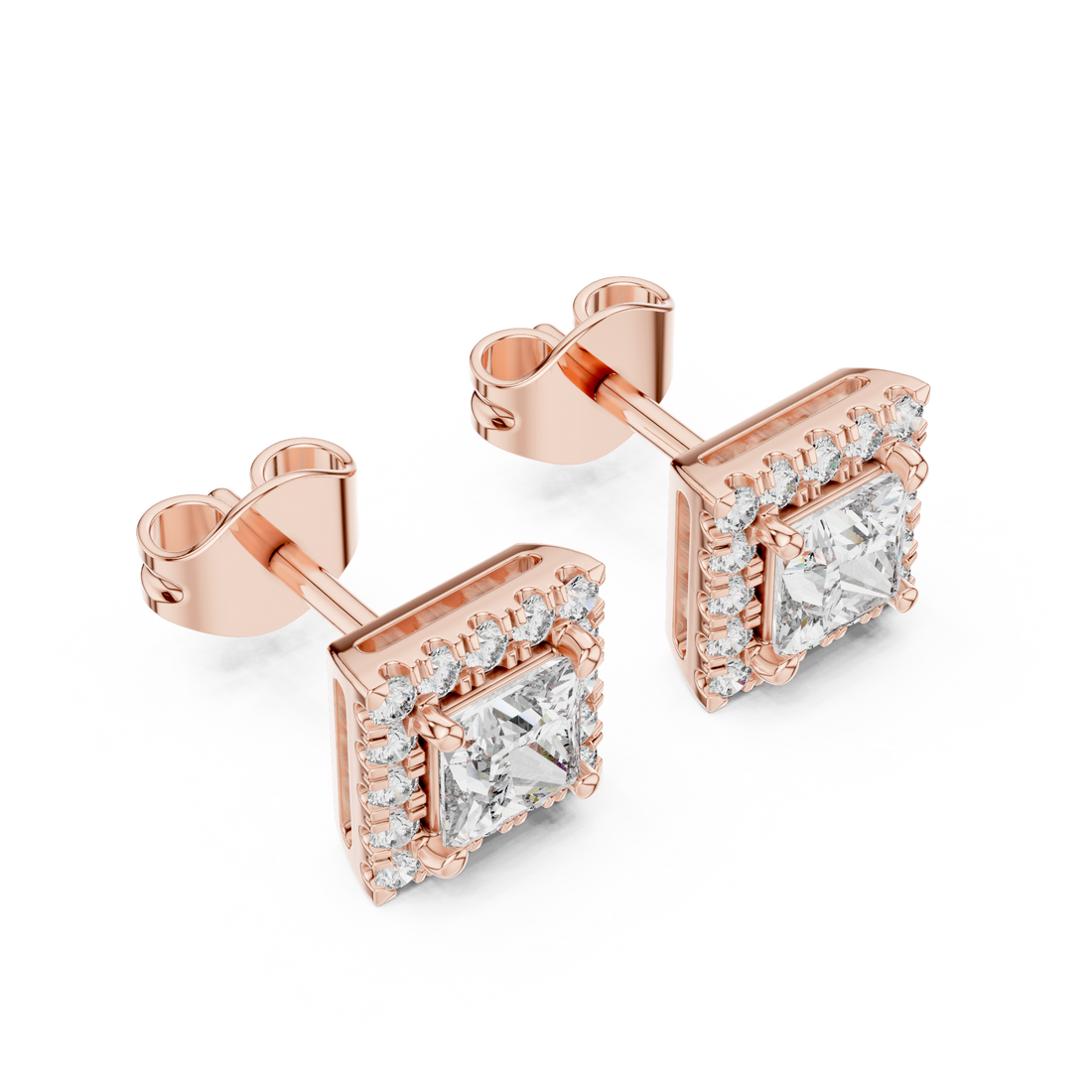 Rose Gold Princess Cut Moissanite Halo Stud Earrings – Bold Square Sparkle