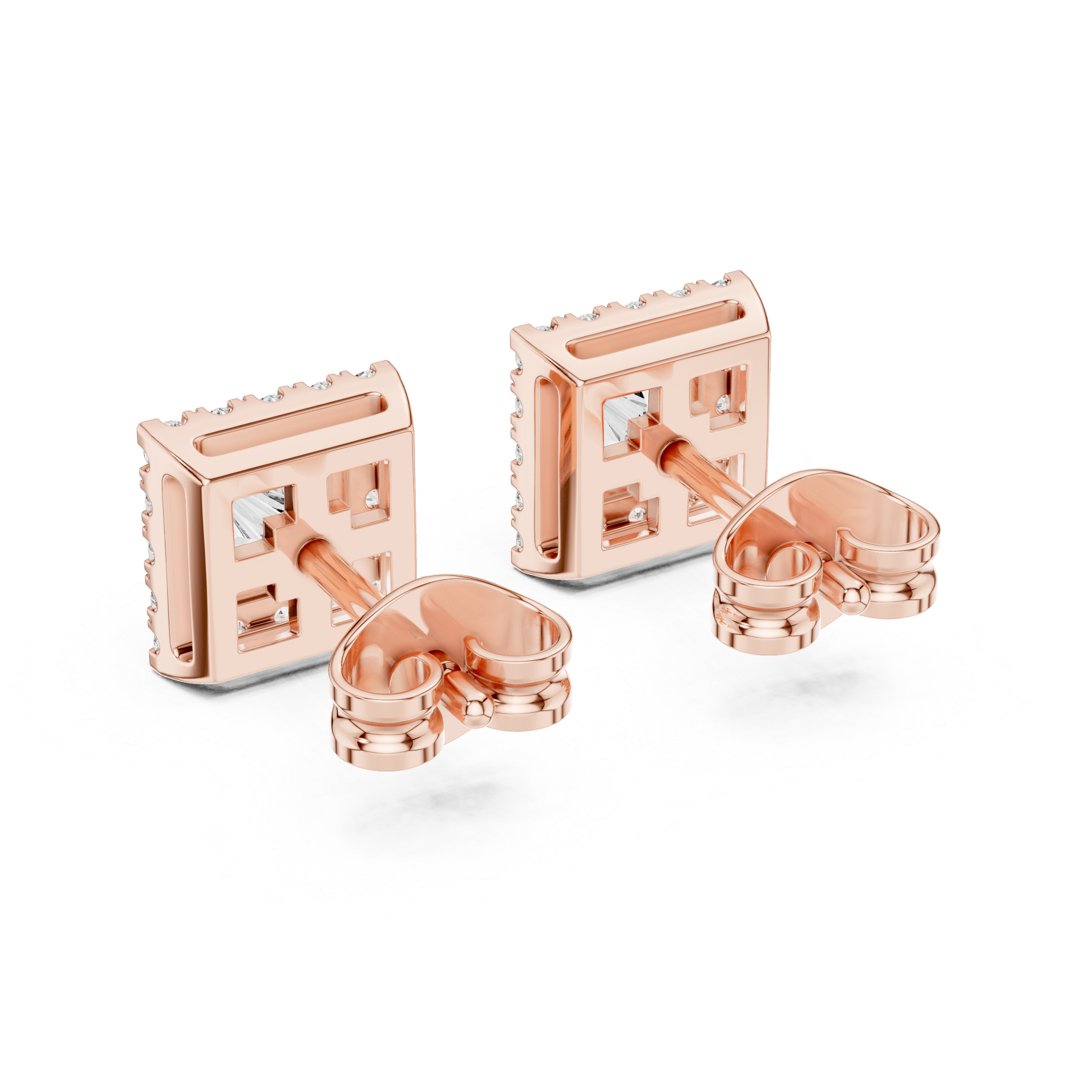 Rose Gold Princess Cut Moissanite Halo Stud Earrings – Bold Square Sparkle