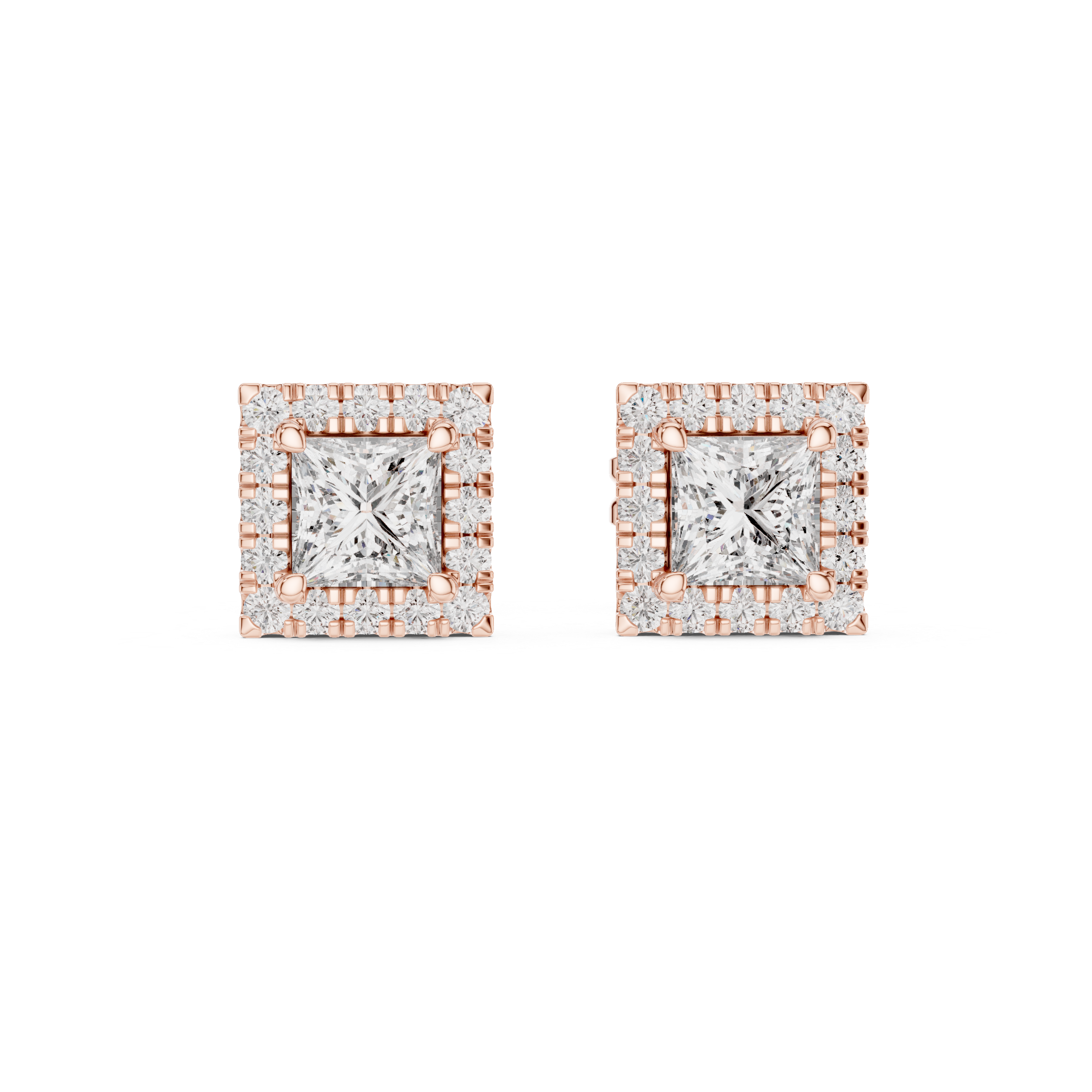 Rose Gold Princess Cut Moissanite Halo Stud Earrings – Bold Square Sparkle