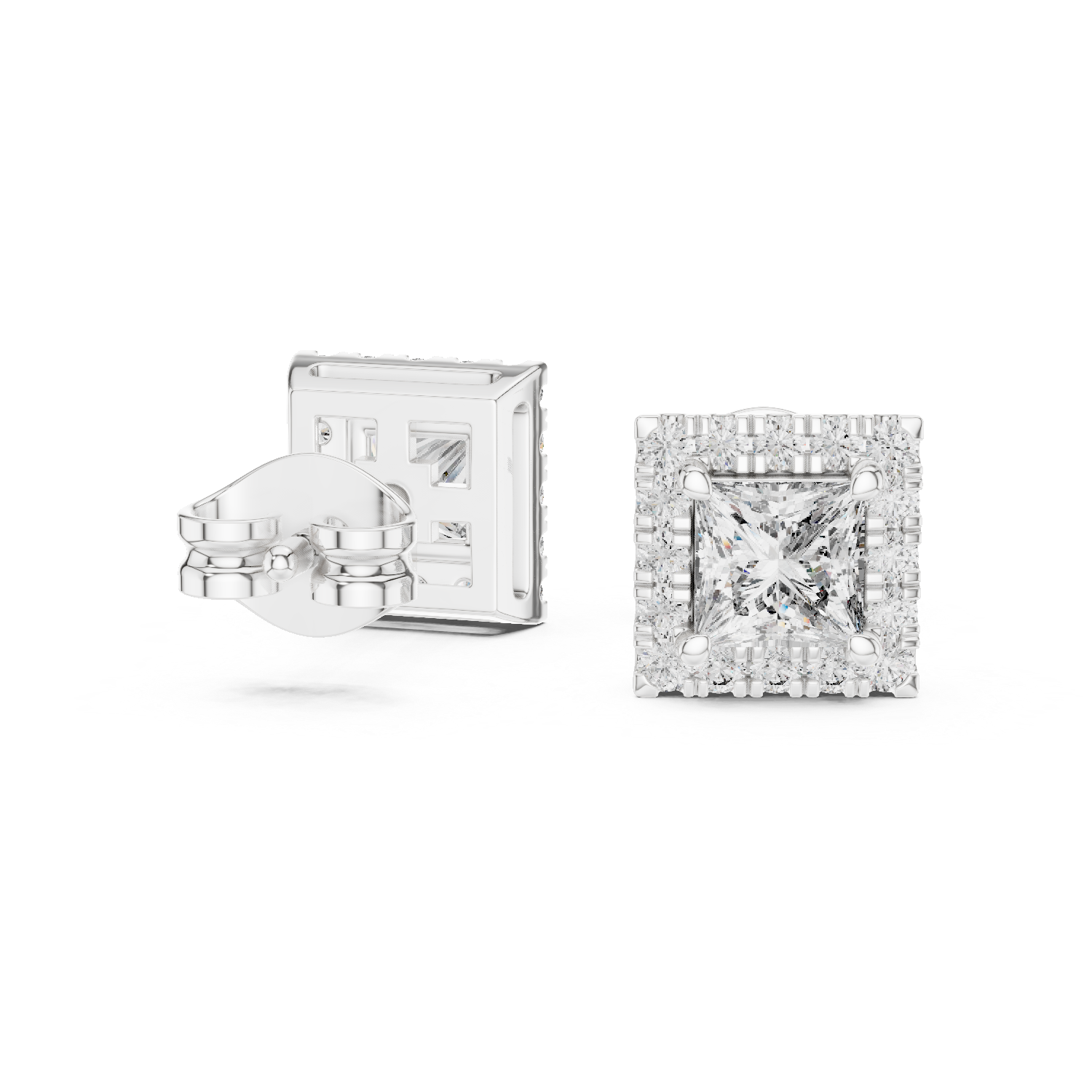 Rose Gold Princess Cut Moissanite Halo Stud Earrings – Bold Square Sparkle