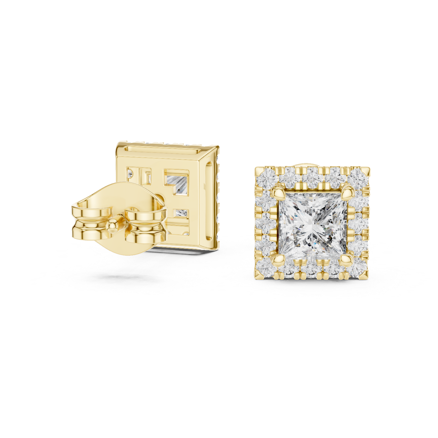 Rose Gold Princess Cut Moissanite Halo Stud Earrings – Bold Square Sparkle