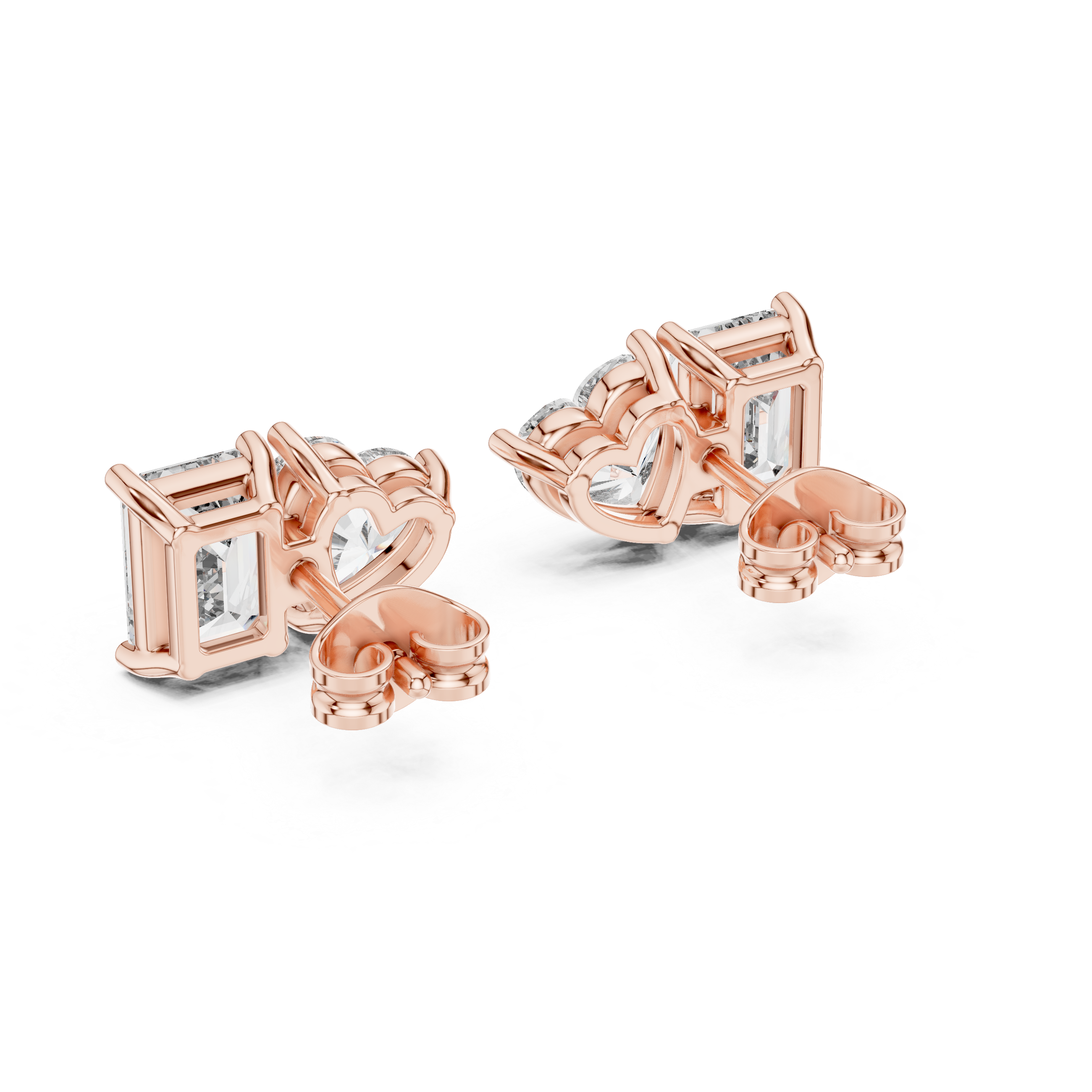 White Gold Emerald & Heart Cut Moissanite Stud Earrings – Dual Shape Elegance
