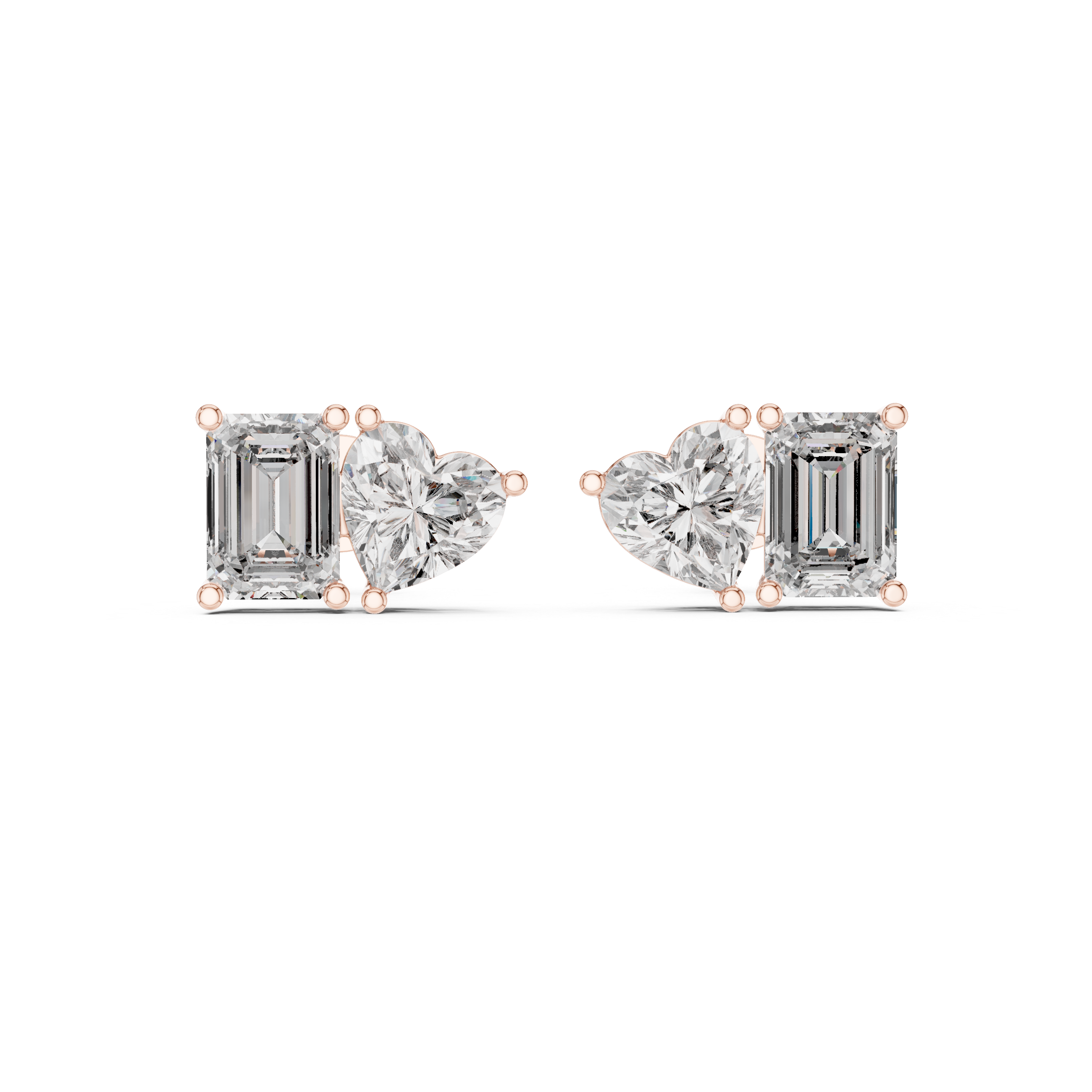 White Gold Emerald & Heart Cut Moissanite Stud Earrings – Dual Shape Elegance