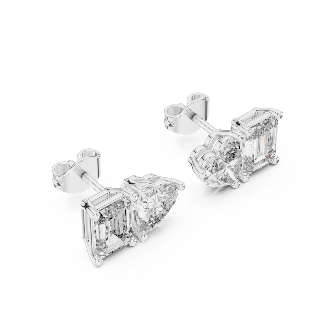 White Gold Emerald & Heart Cut Moissanite Stud Earrings – Dual Shape Elegance