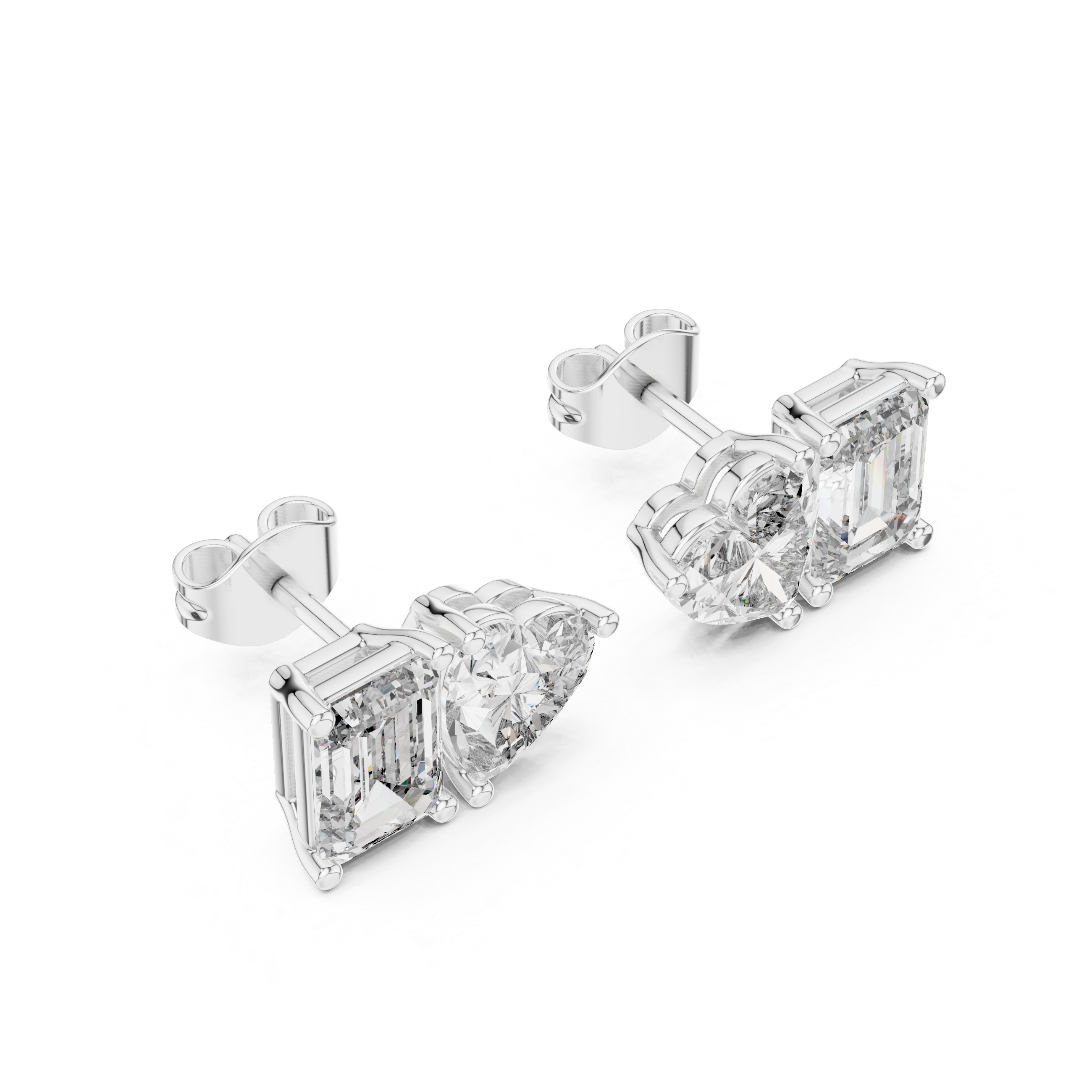White Gold Emerald & Heart Cut Moissanite Stud Earrings – Dual Shape Elegance