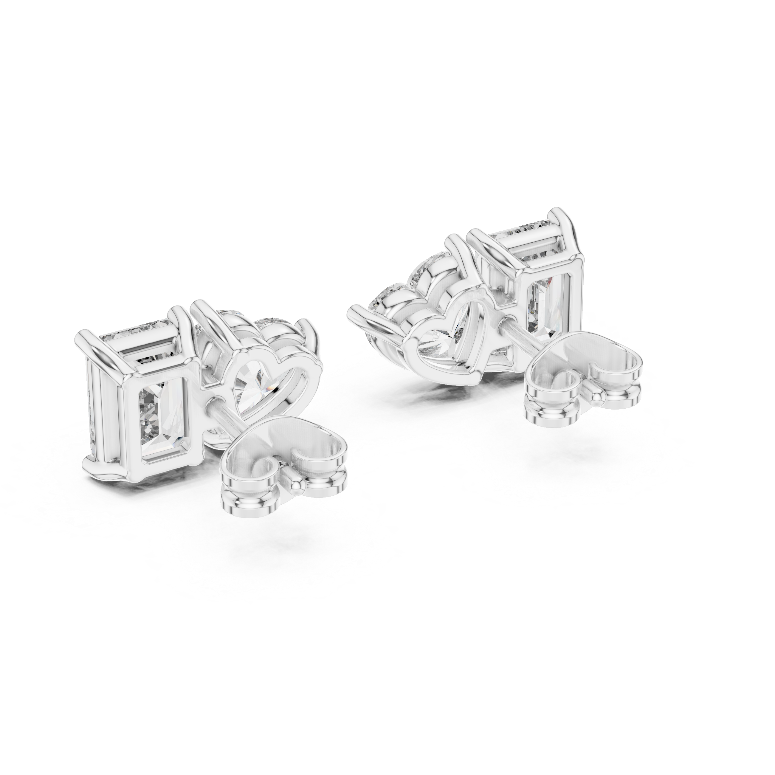 White Gold Emerald & Heart Cut Moissanite Stud Earrings – Dual Shape Elegance