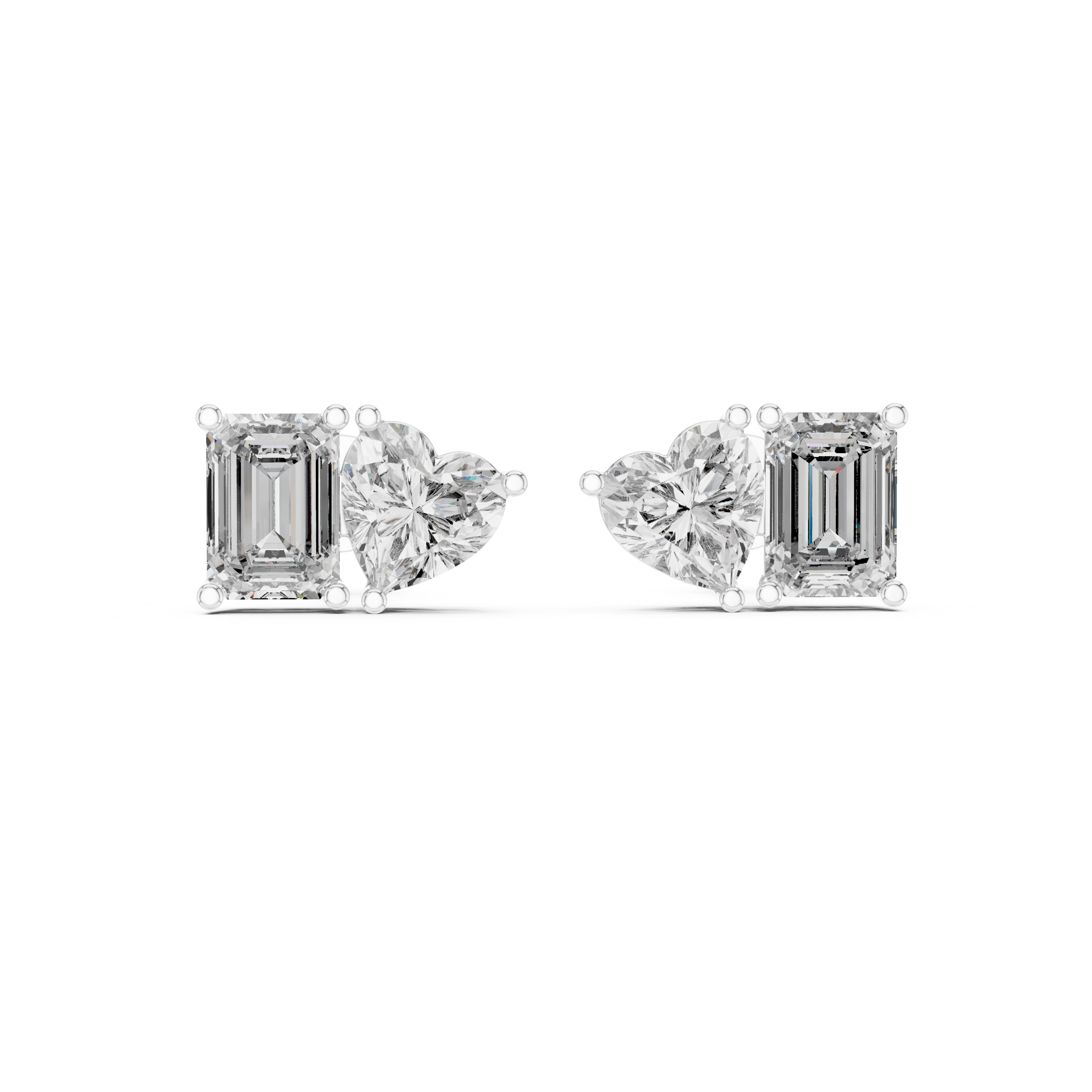 White Gold Emerald & Heart Cut Moissanite Stud Earrings – Dual Shape Elegance