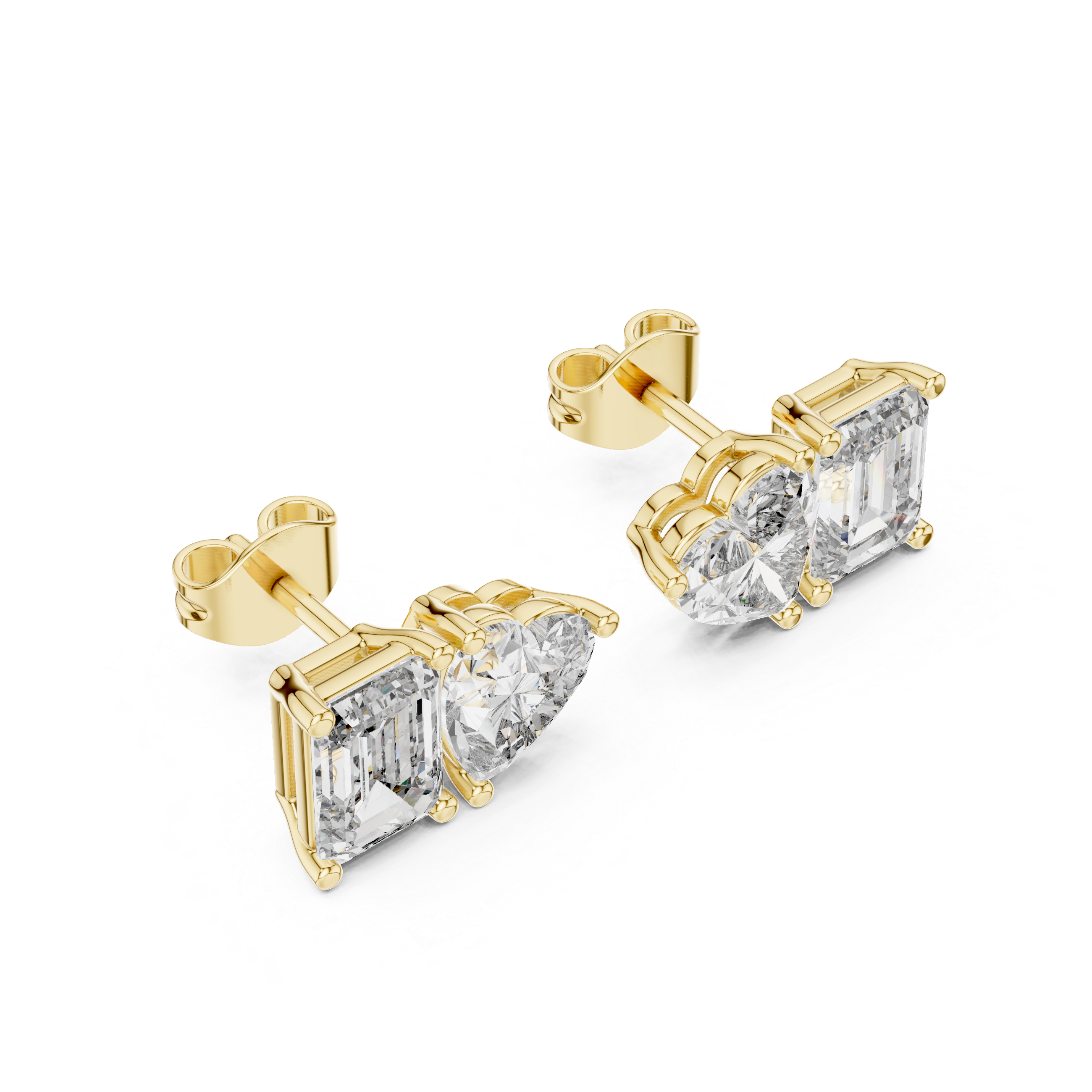 White Gold Emerald & Heart Cut Moissanite Stud Earrings – Dual Shape Elegance