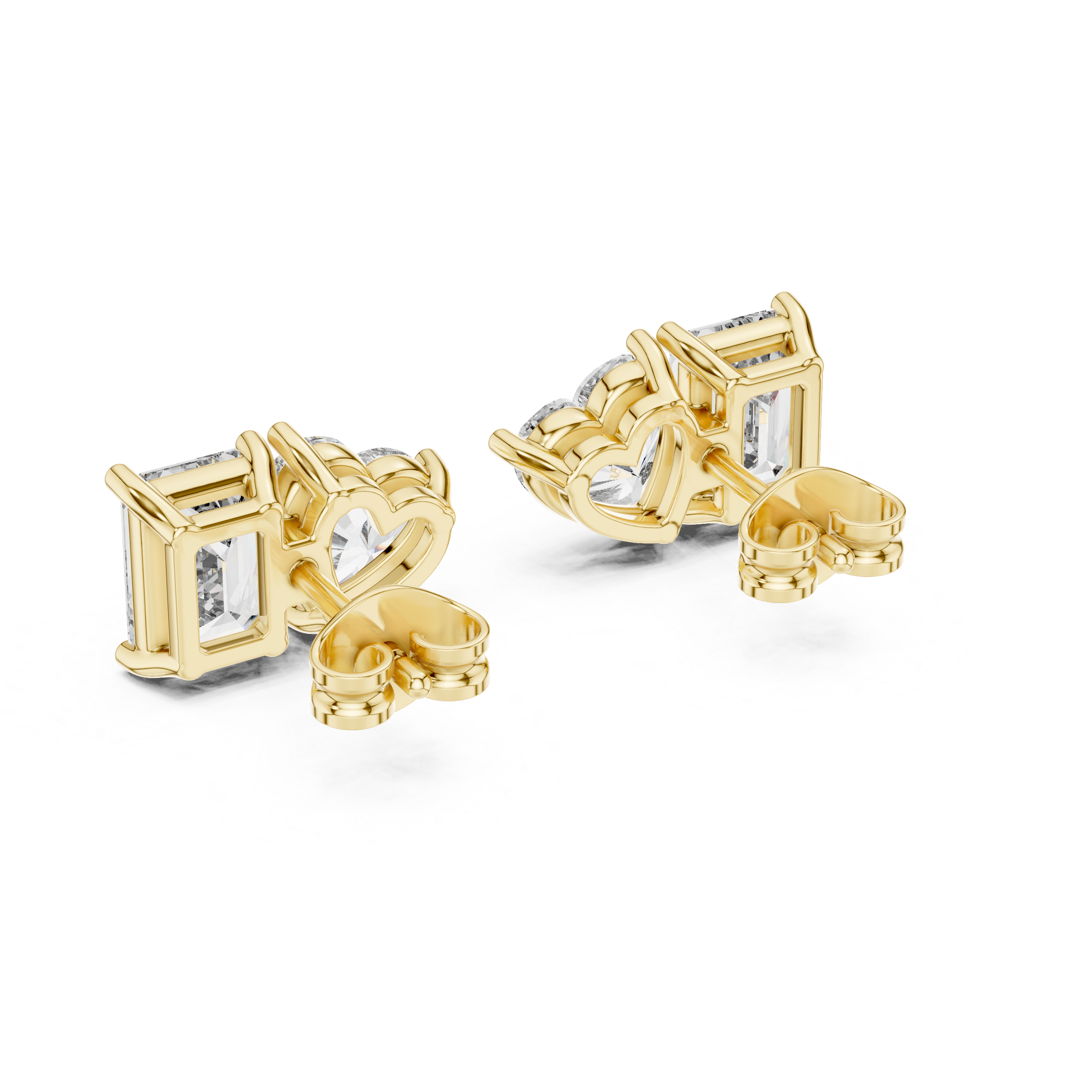 White Gold Emerald & Heart Cut Moissanite Stud Earrings – Dual Shape Elegance