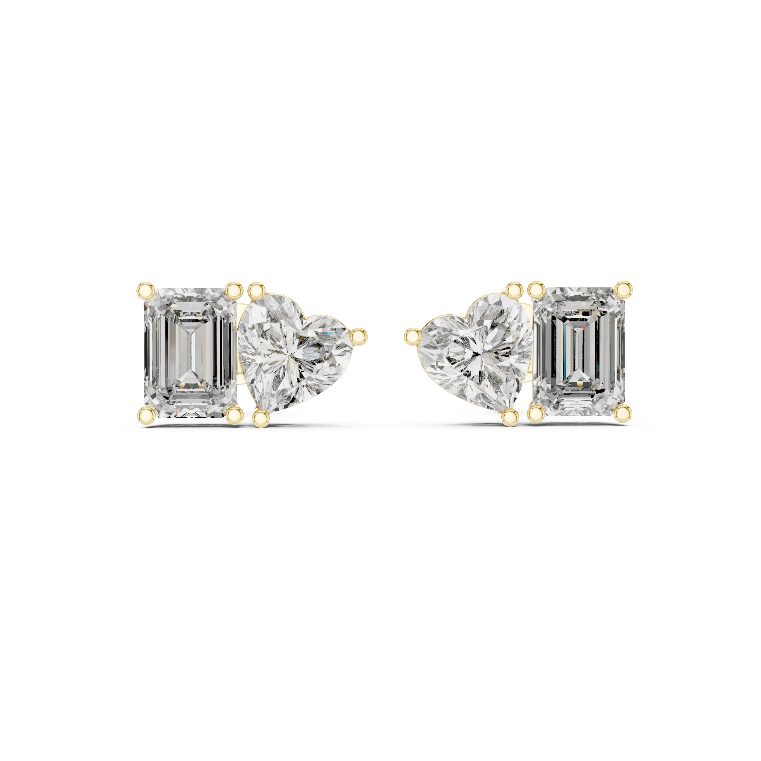White Gold Emerald & Heart Cut Moissanite Stud Earrings – Dual Shape Elegance