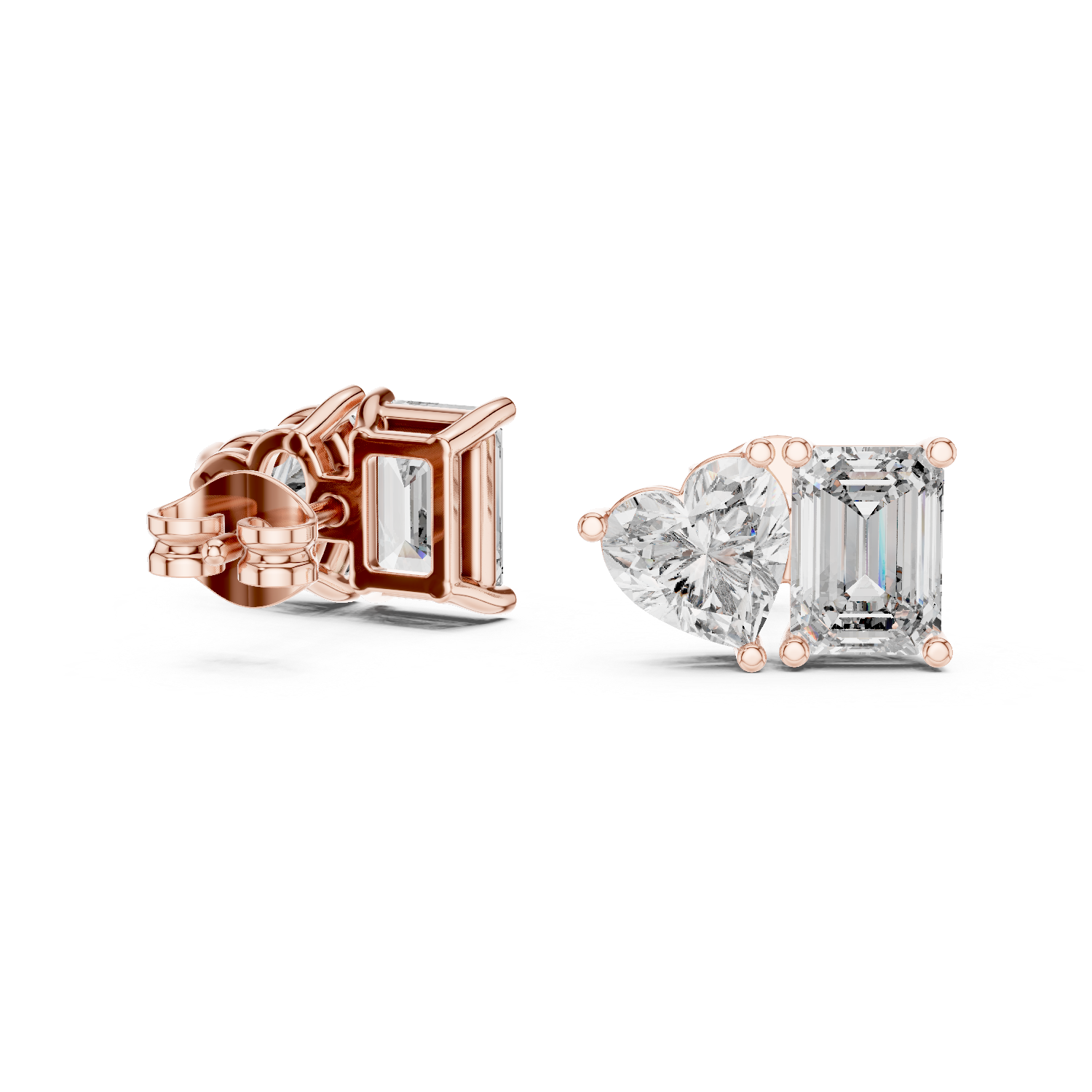 White Gold Emerald & Heart Cut Moissanite Stud Earrings – Dual Shape Elegance