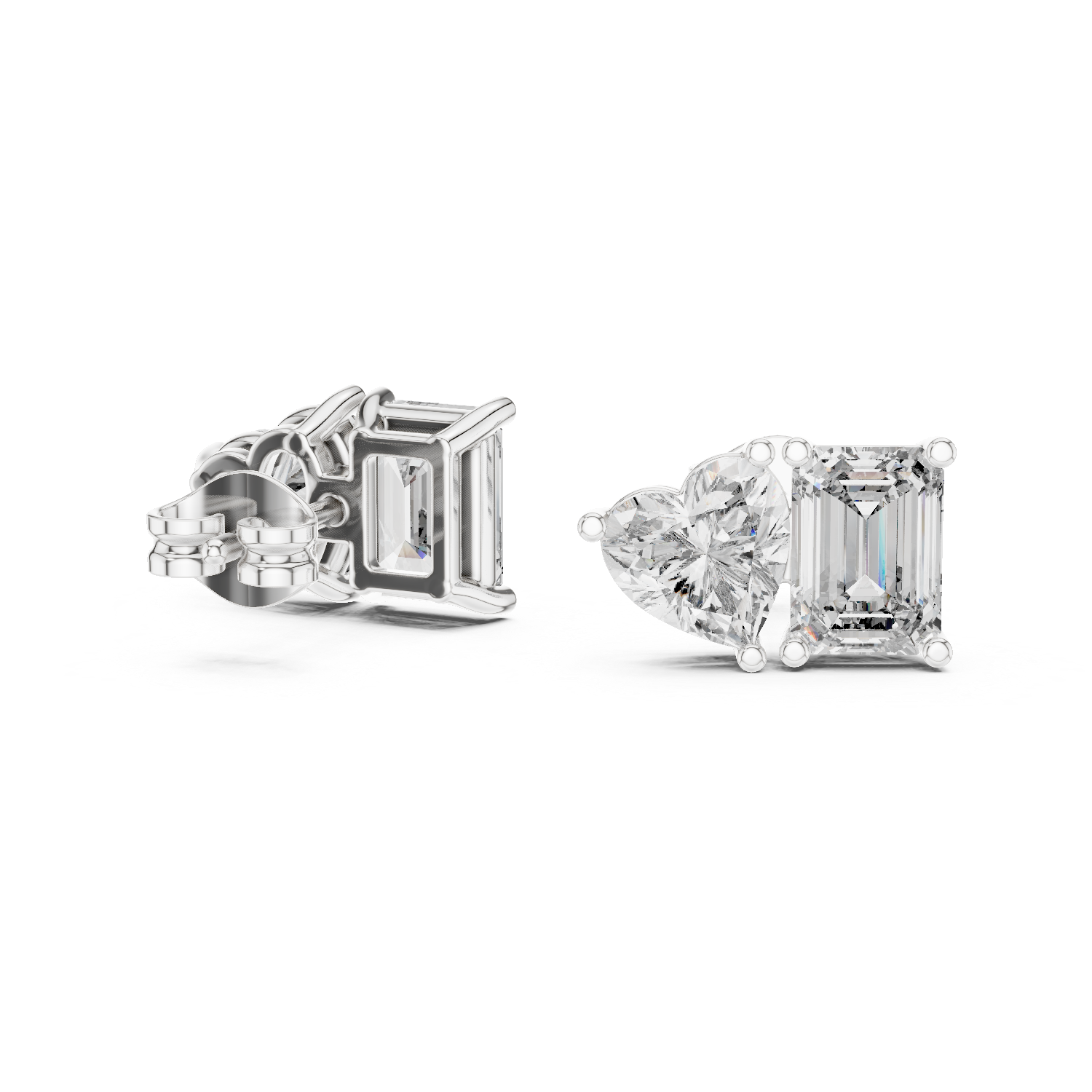White Gold Emerald & Heart Cut Moissanite Stud Earrings – Dual Shape Elegance