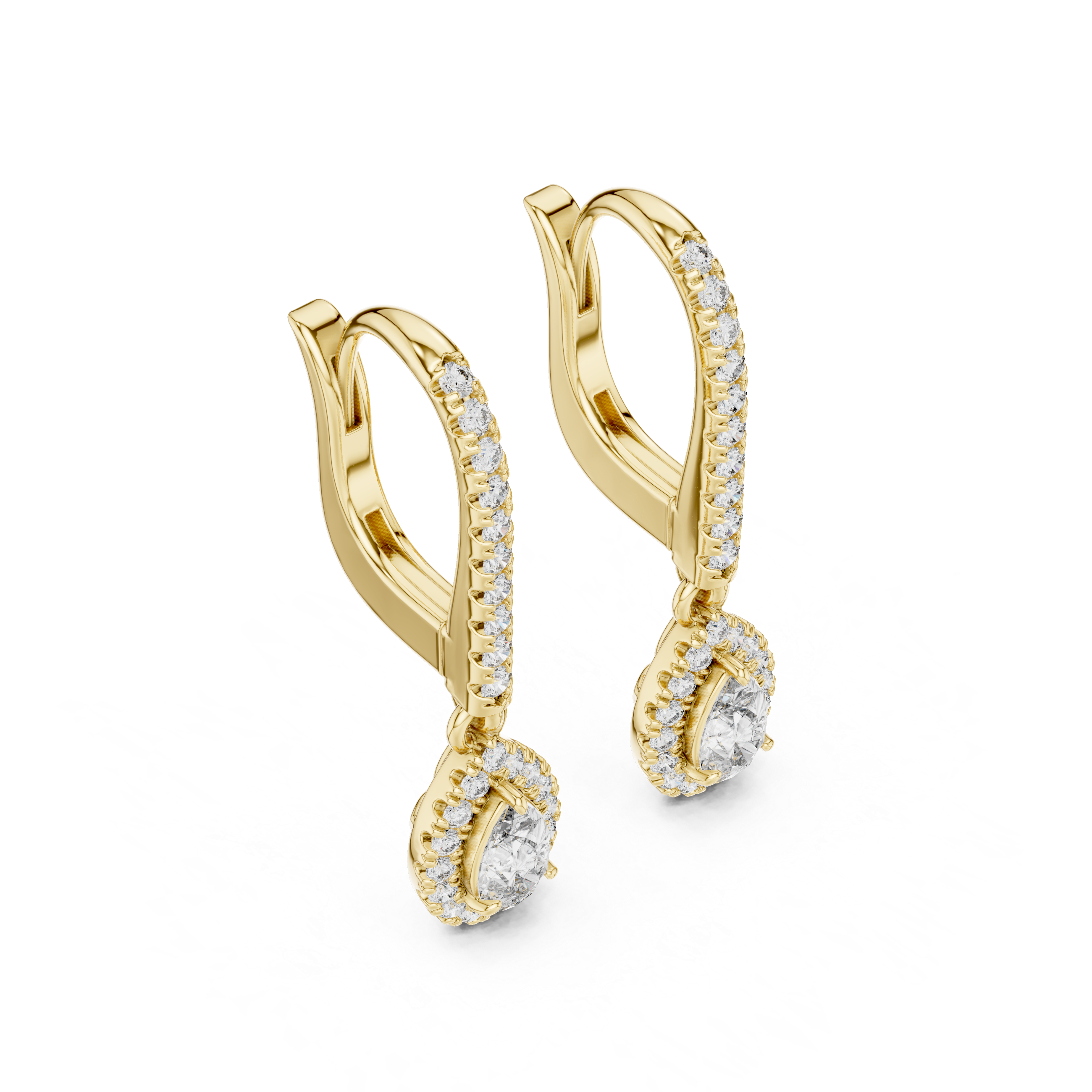 Pear And Round Yellow Gold Teardrop Halo Moissanite Dangle Earrings – Elegant Sparkle Statement