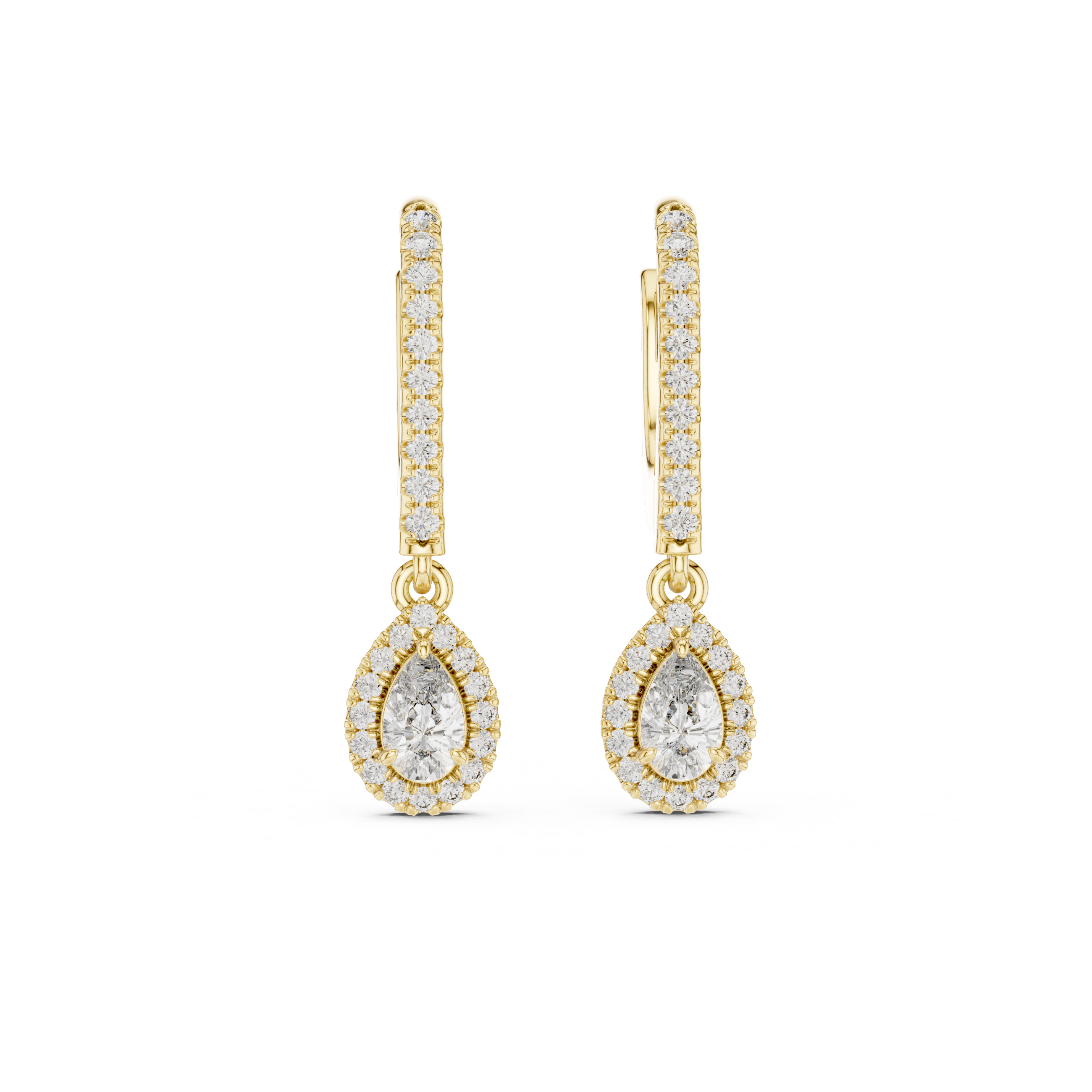 Pear And Round Yellow Gold Teardrop Halo Moissanite Dangle Earrings – Elegant Sparkle Statement