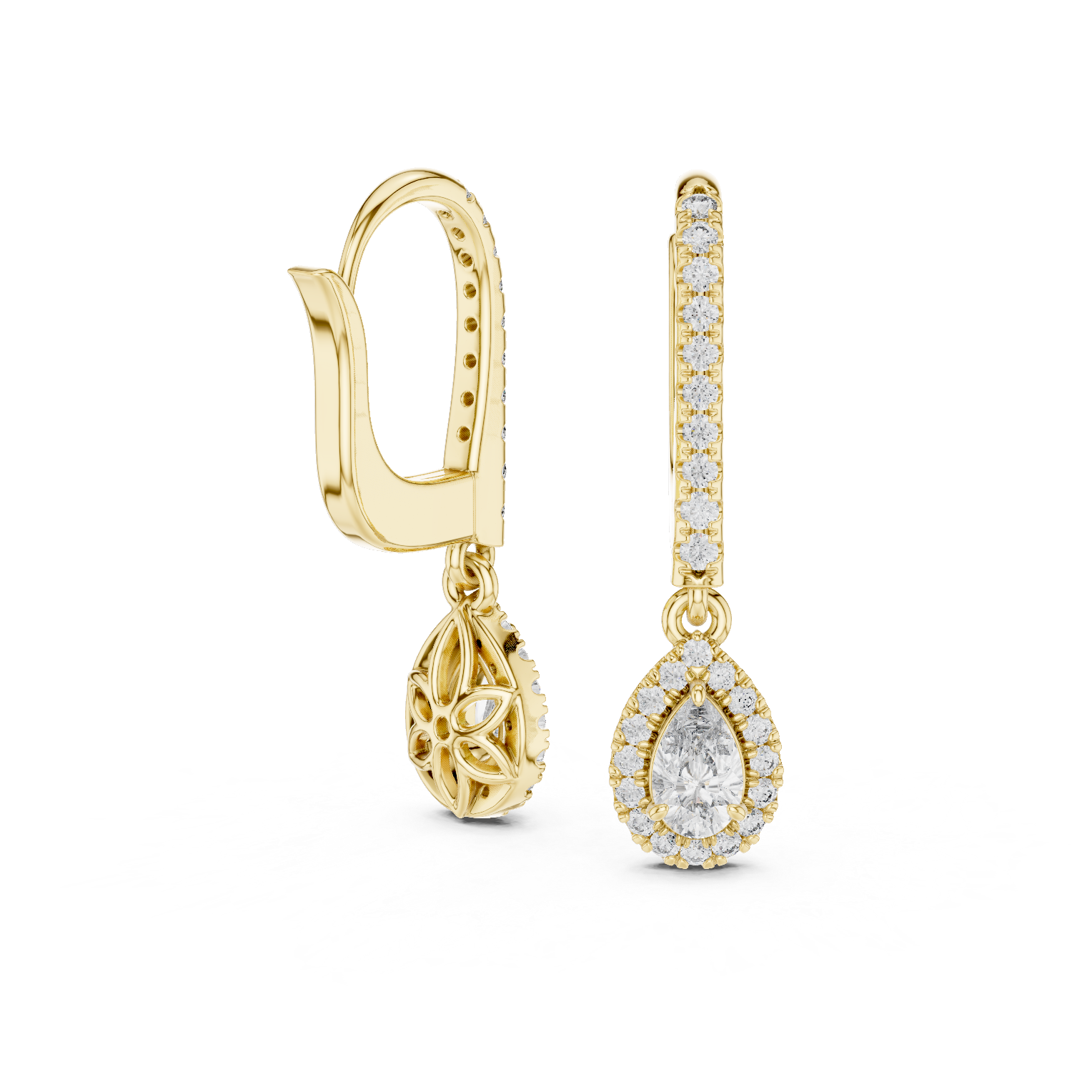 Pear And Round Yellow Gold Teardrop Halo Moissanite Dangle Earrings – Elegant Sparkle Statement