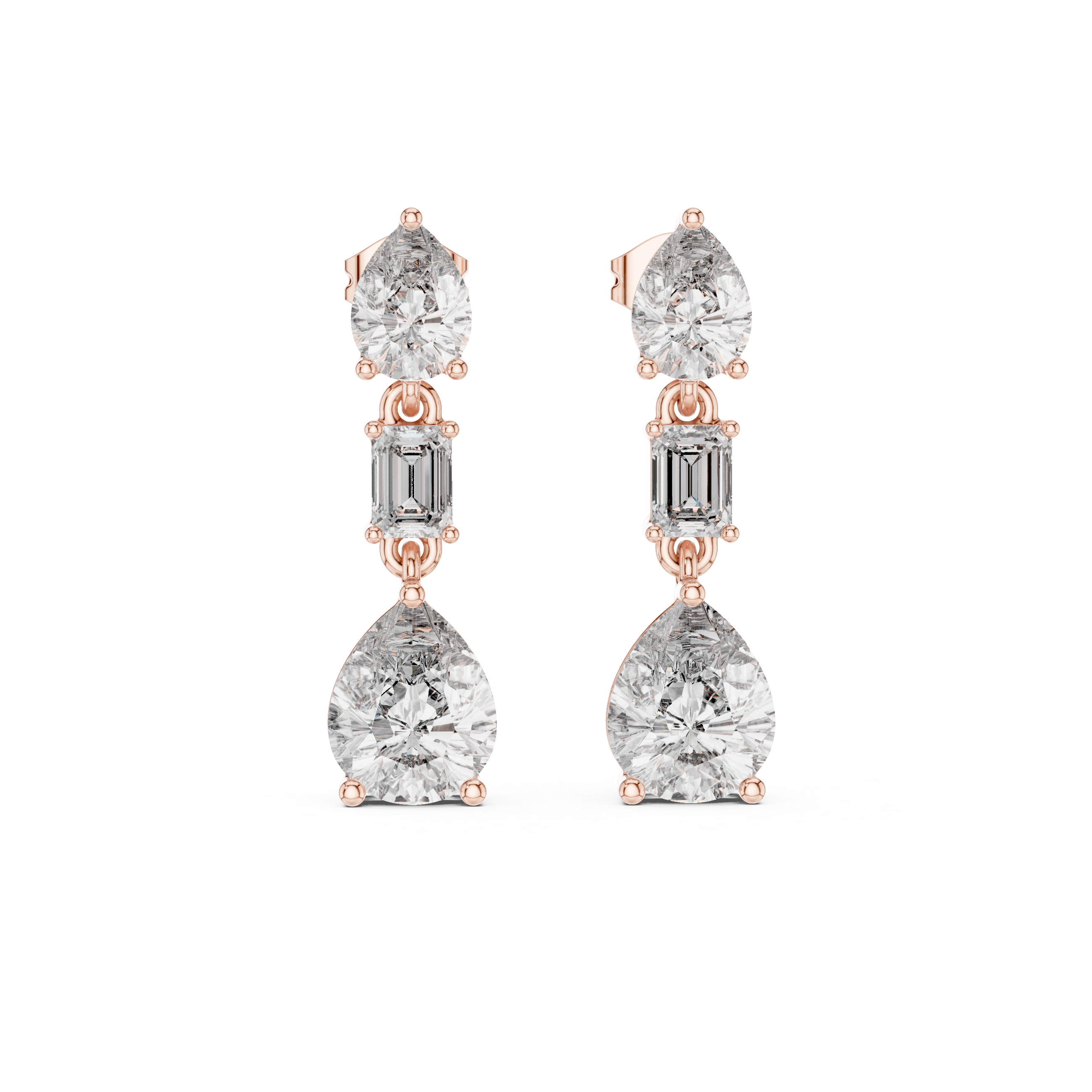 Pear And Emerald Rose Gold Multi-Stone Moissanite Drop Earrings – Elegant Layered Sparkle