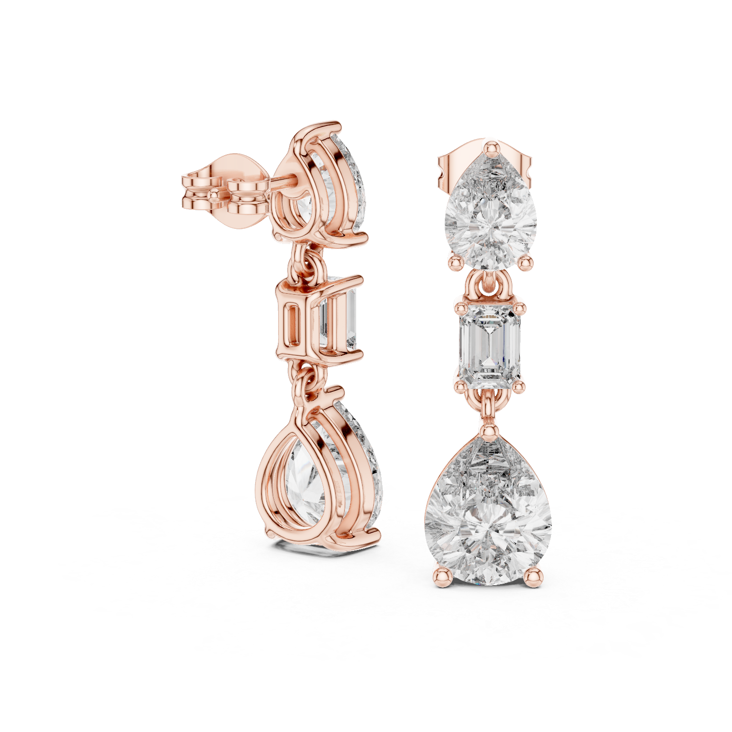 Pear And Emerald Rose Gold Multi-Stone Moissanite Drop Earrings – Elegant Layered Sparkle