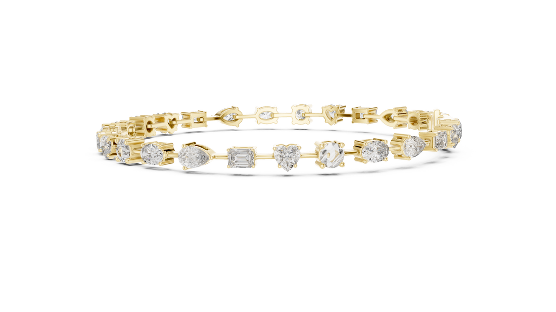 Yellow Gold Multi-Cut Moissanite Tennis Bracelet – Mixed Shape Stone Elegance