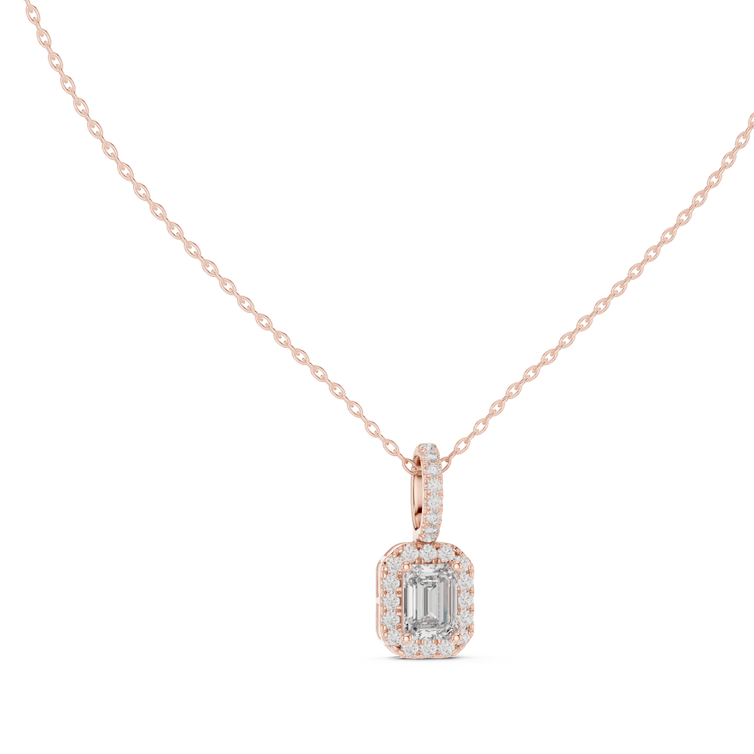 Emerald Cut Halo Moissanite Pendant in Yellow Gold