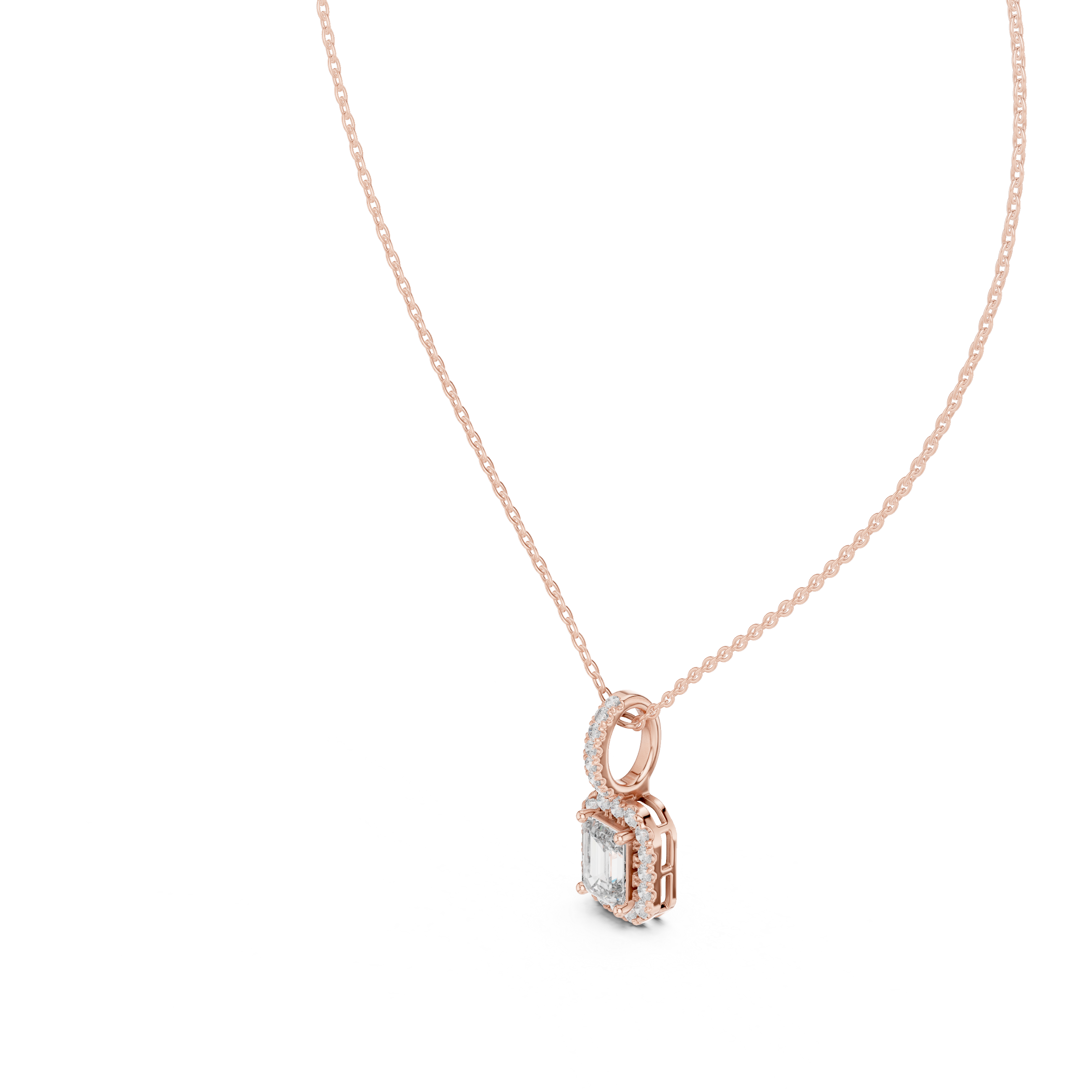 Emerald Cut Halo Moissanite Pendant in Yellow Gold