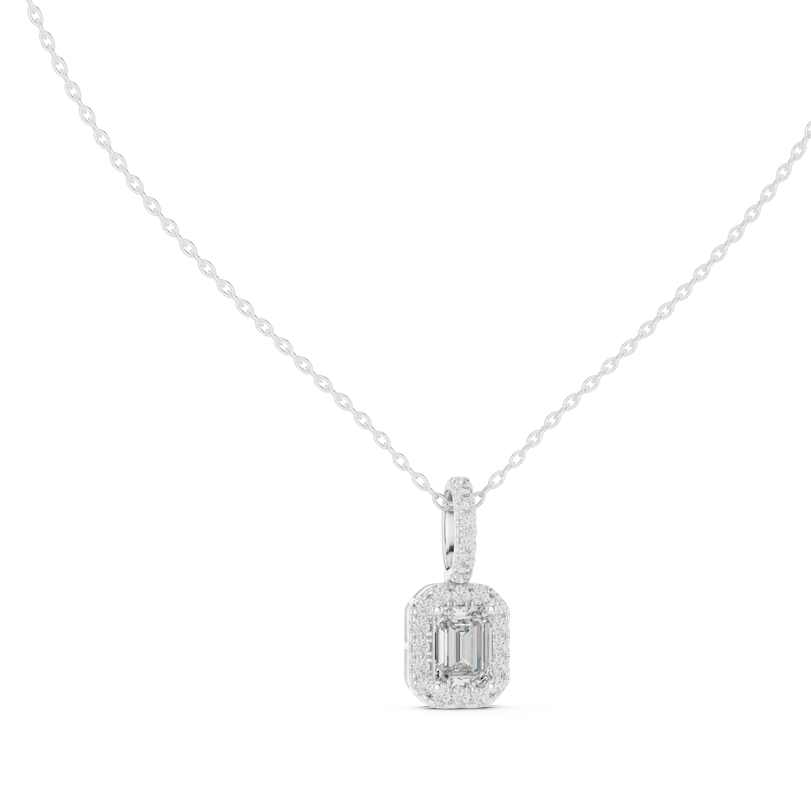 Emerald Cut Halo Moissanite Pendant in Yellow Gold