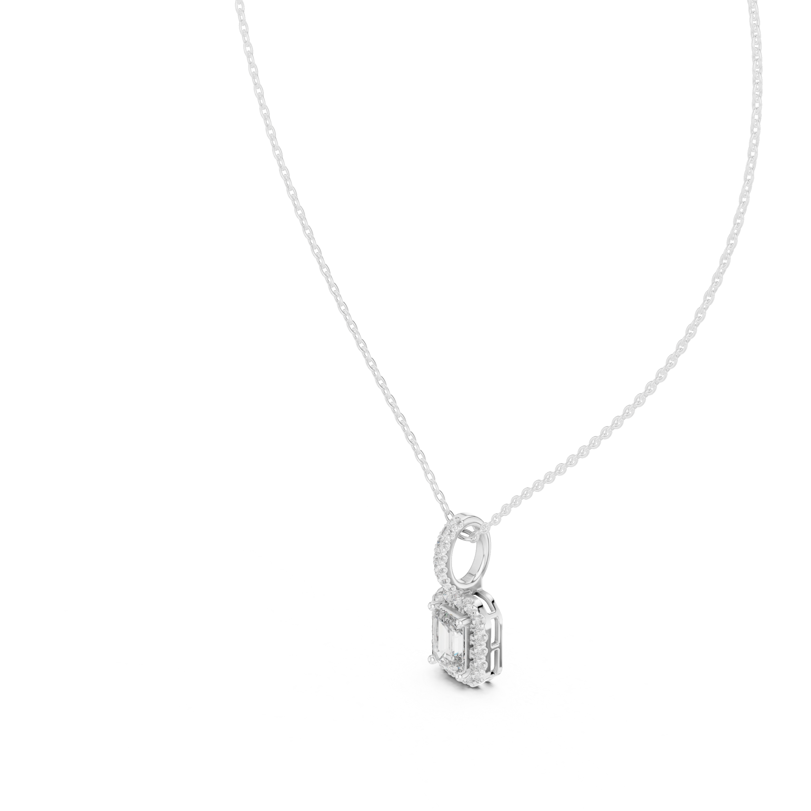 Emerald Cut Halo Moissanite Pendant in Yellow Gold