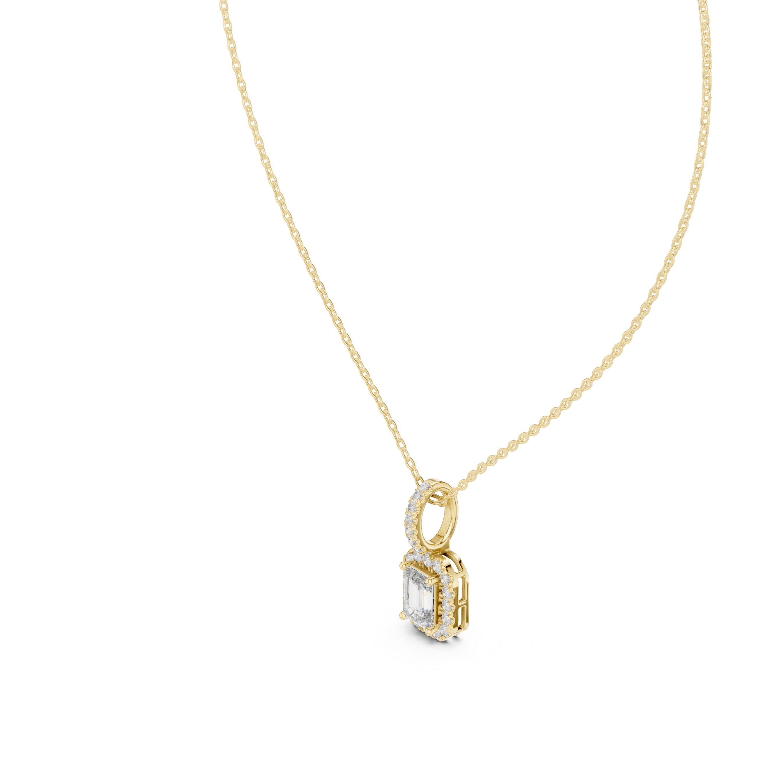 Emerald Cut Halo Moissanite Pendant in Yellow Gold