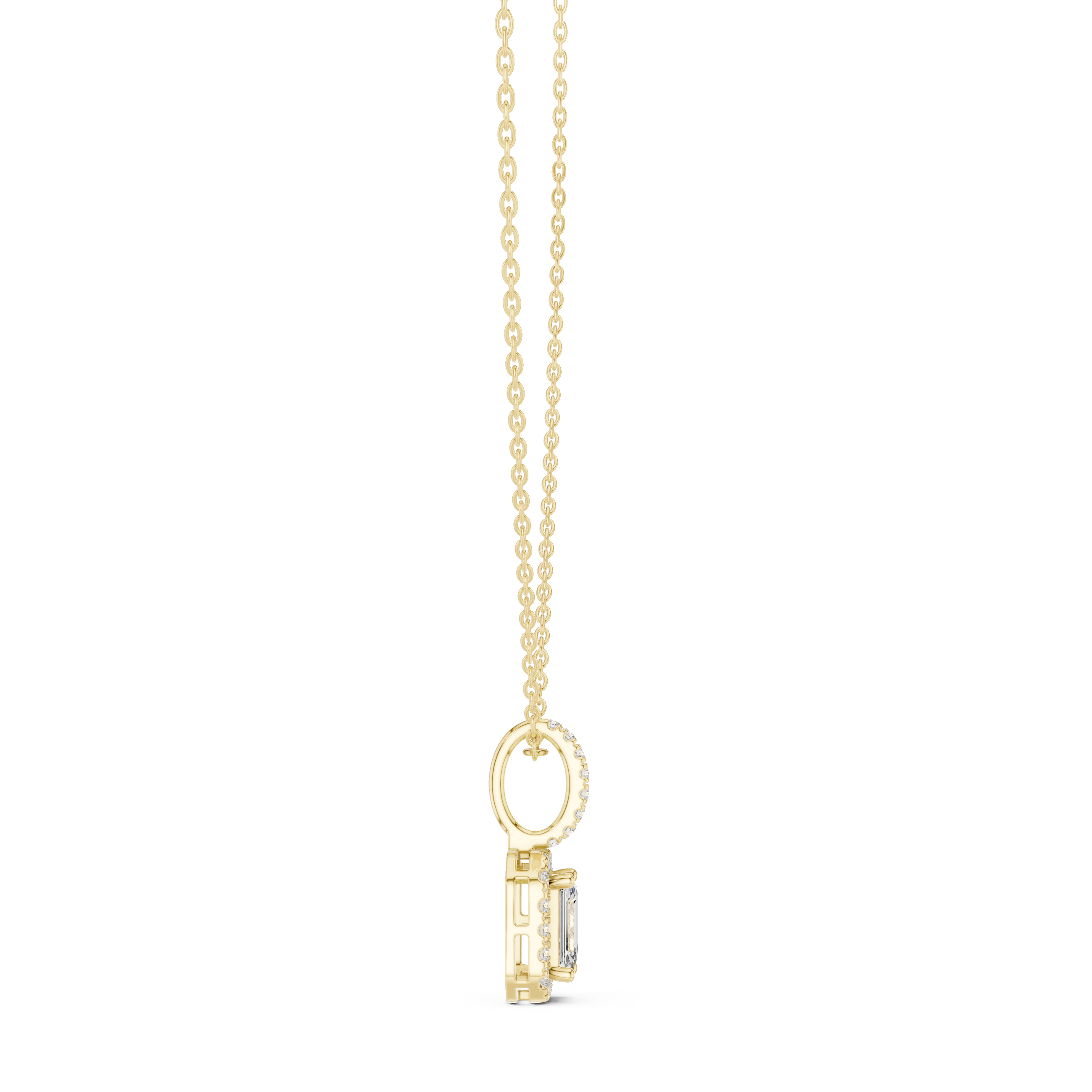 Emerald Cut Halo Moissanite Pendant in Yellow Gold