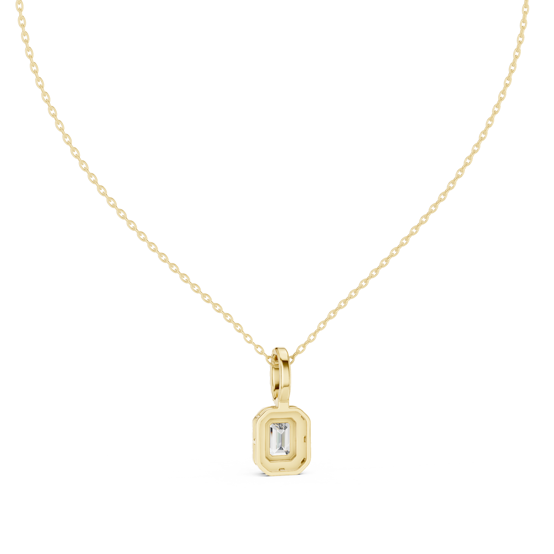 Emerald Cut Halo Moissanite Pendant in Yellow Gold