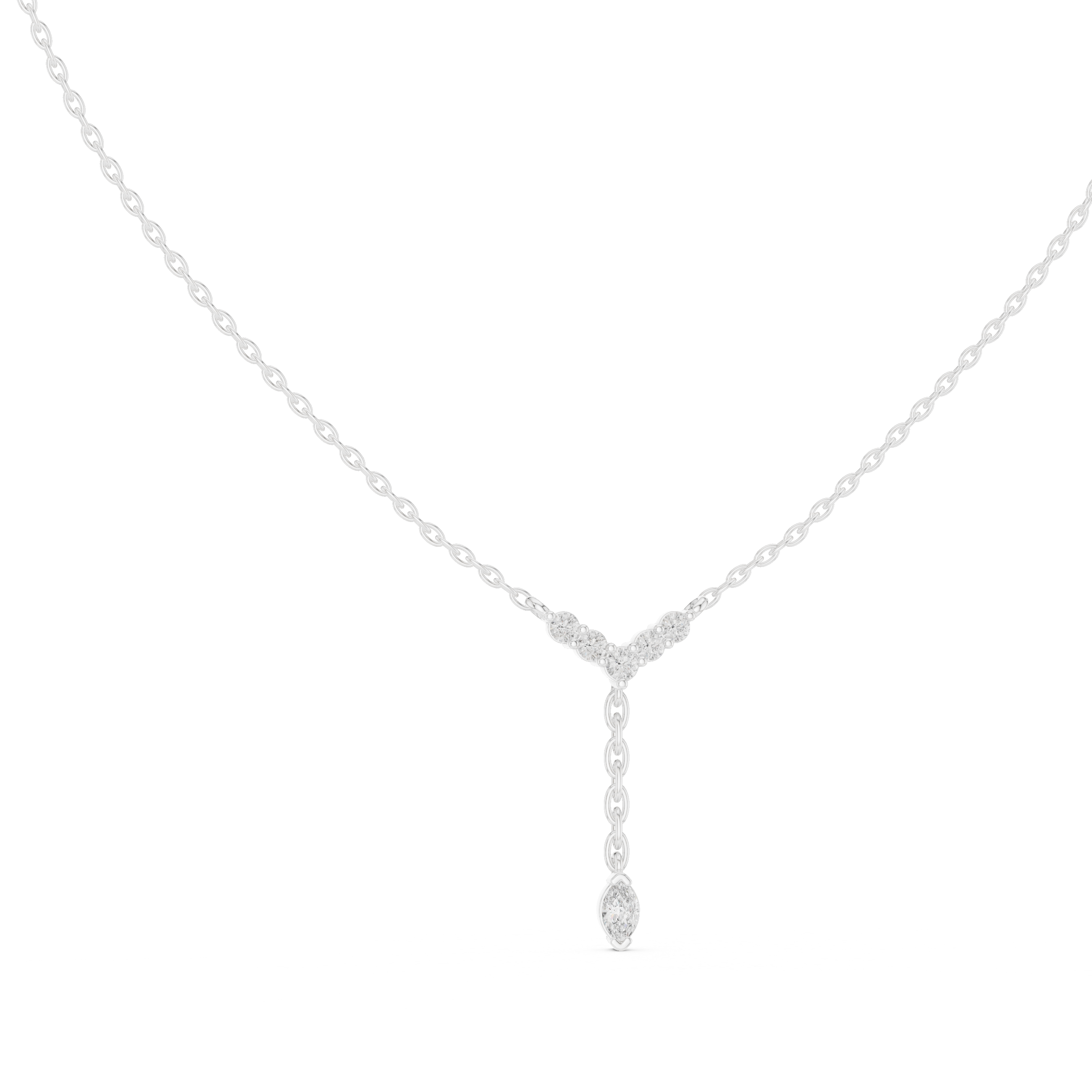 Round And Marquise V Shape Moissanite Drop Pendant in White Gold