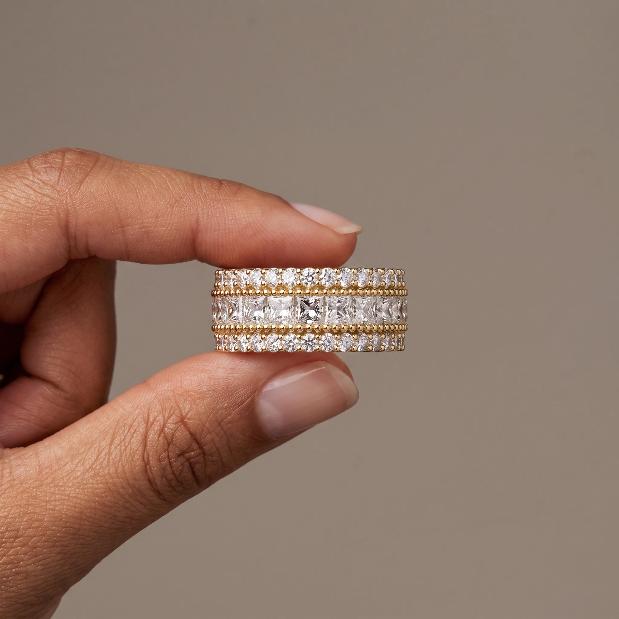 Yellow Gold Princess & Round Cut Moissanite Eternity Band