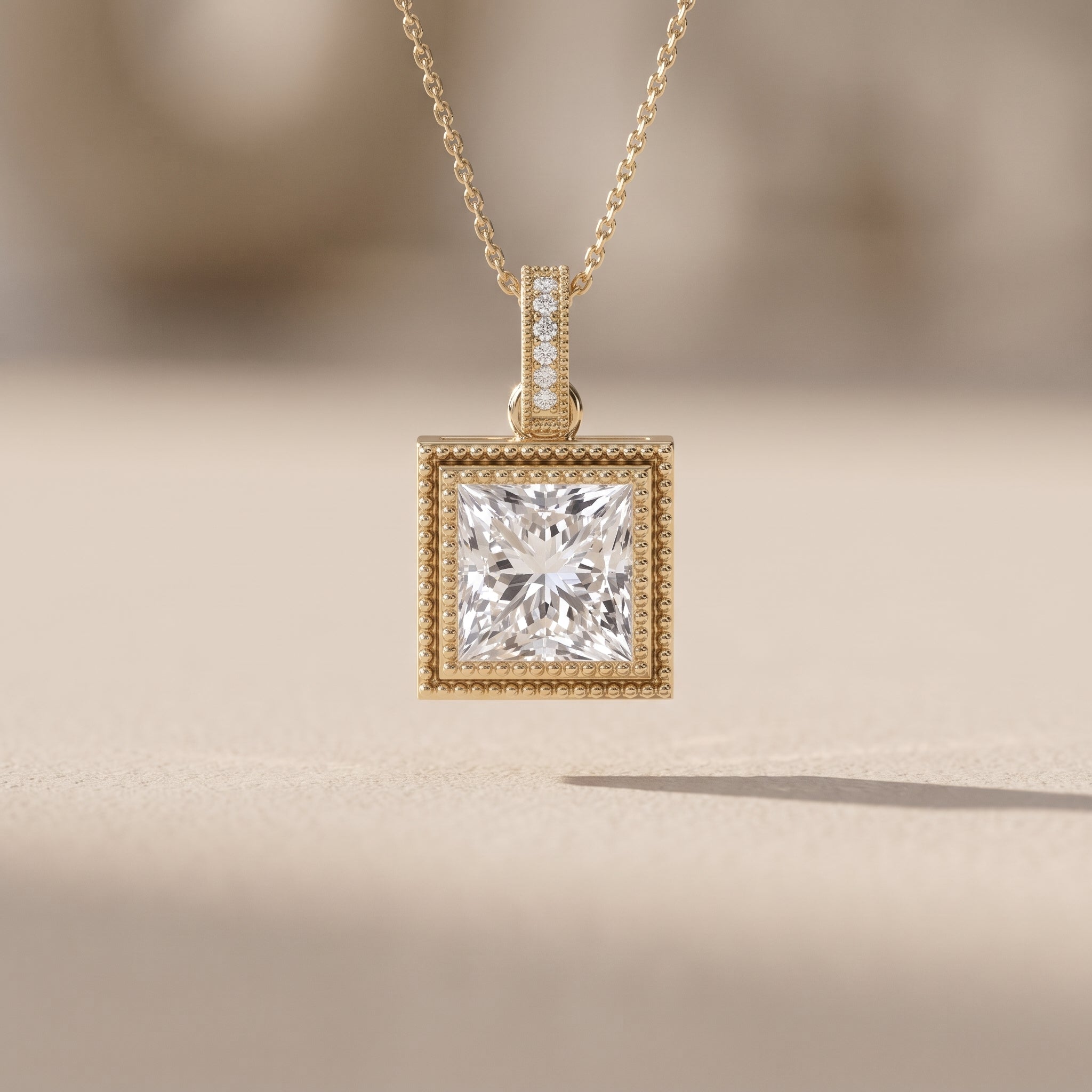 Yellow Gold Princess Cut Moissanite Square Pendant Necklace