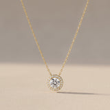 Yellow Gold Round Moissanite Halo Pendant Necklace