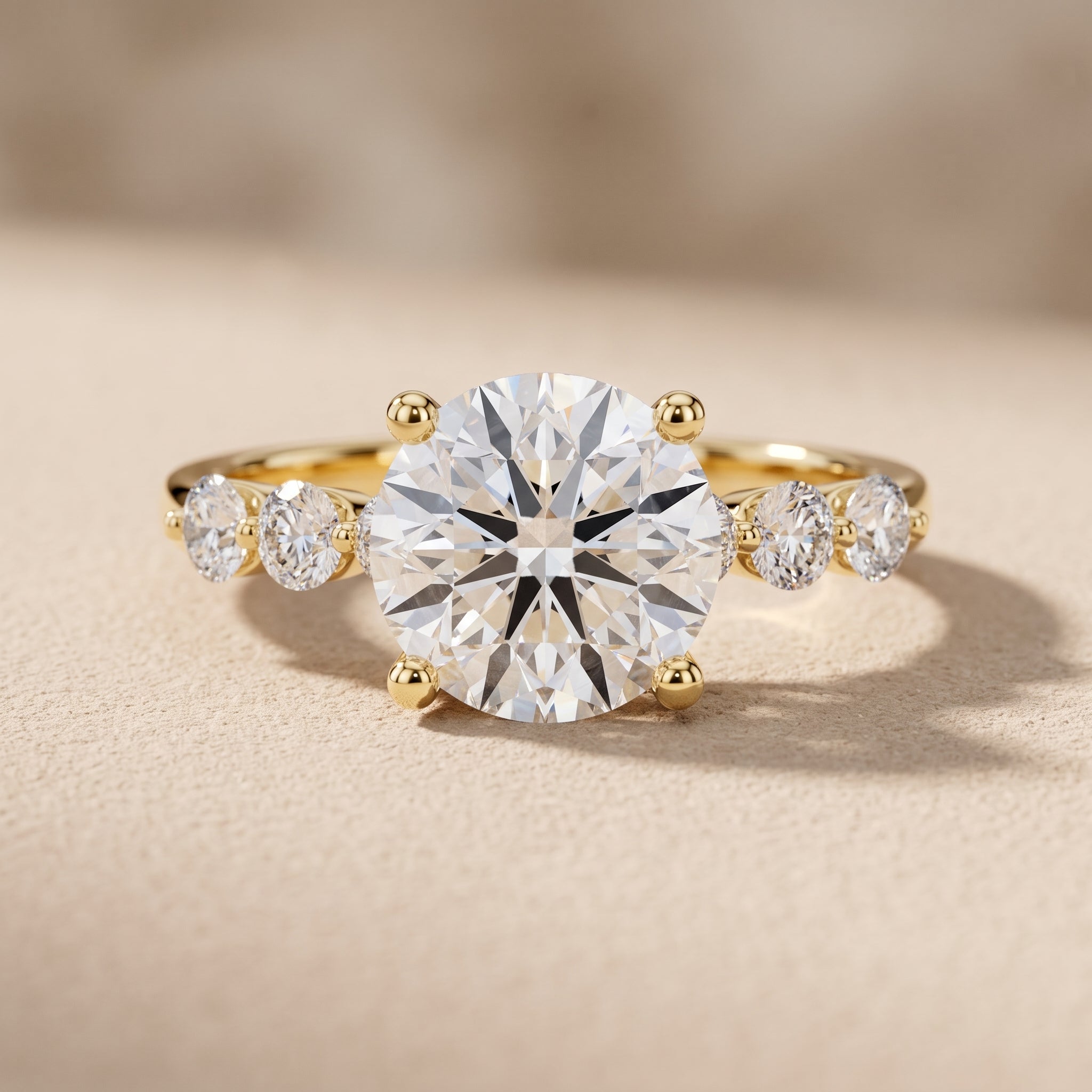 Yellow Gold Round Moissanite Engagement Ring with Side Stones