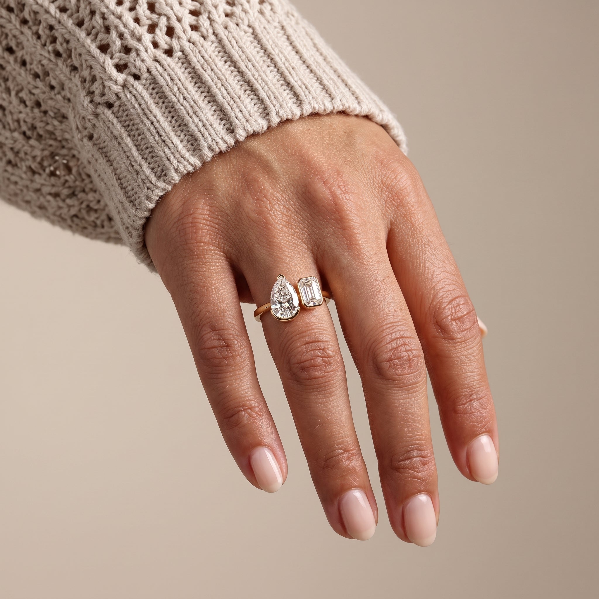 Rose Gold Pear & Emerald Cut Moissanite Open Ring