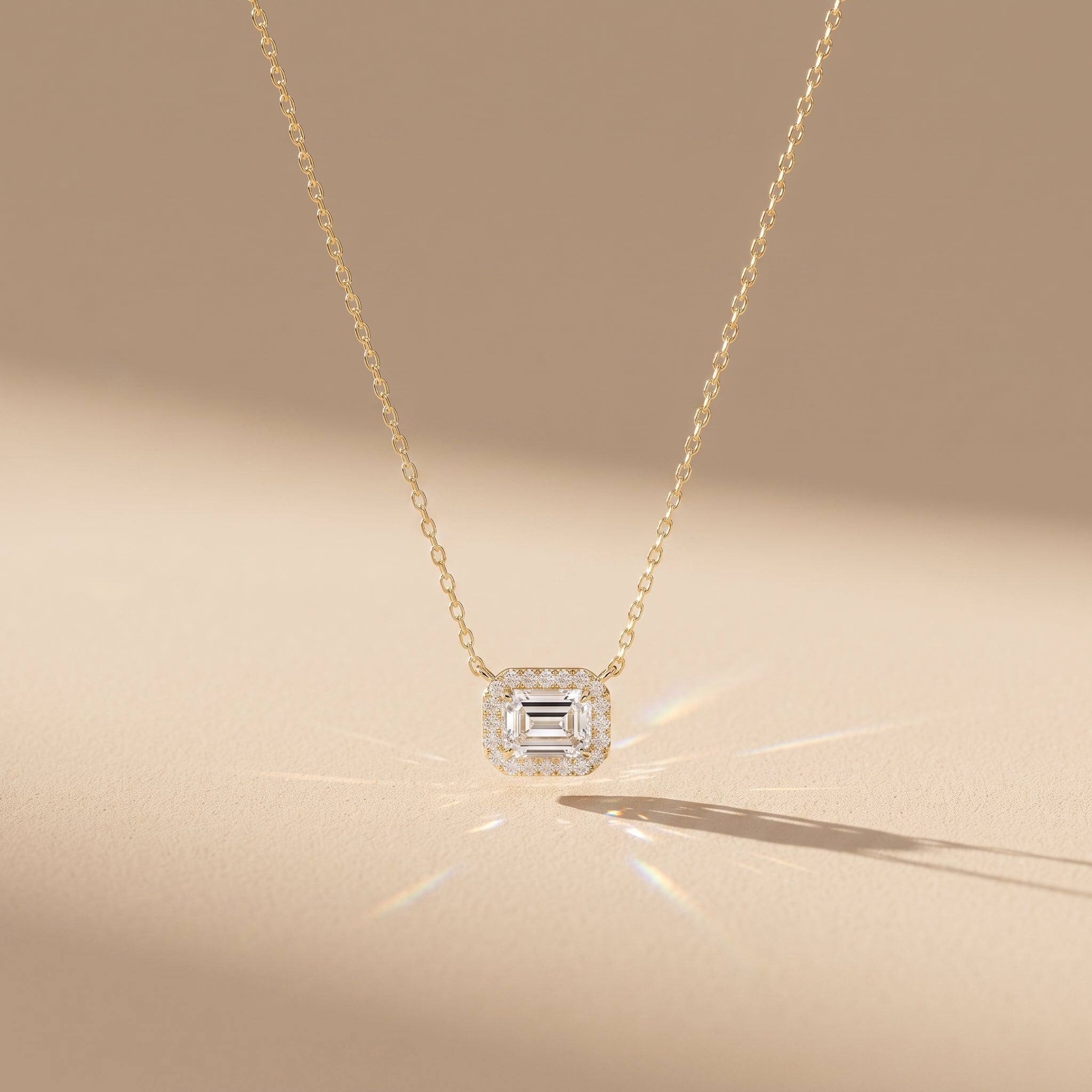 Yellow Gold Emerald Cut Moissanite Halo Pendant Necklace