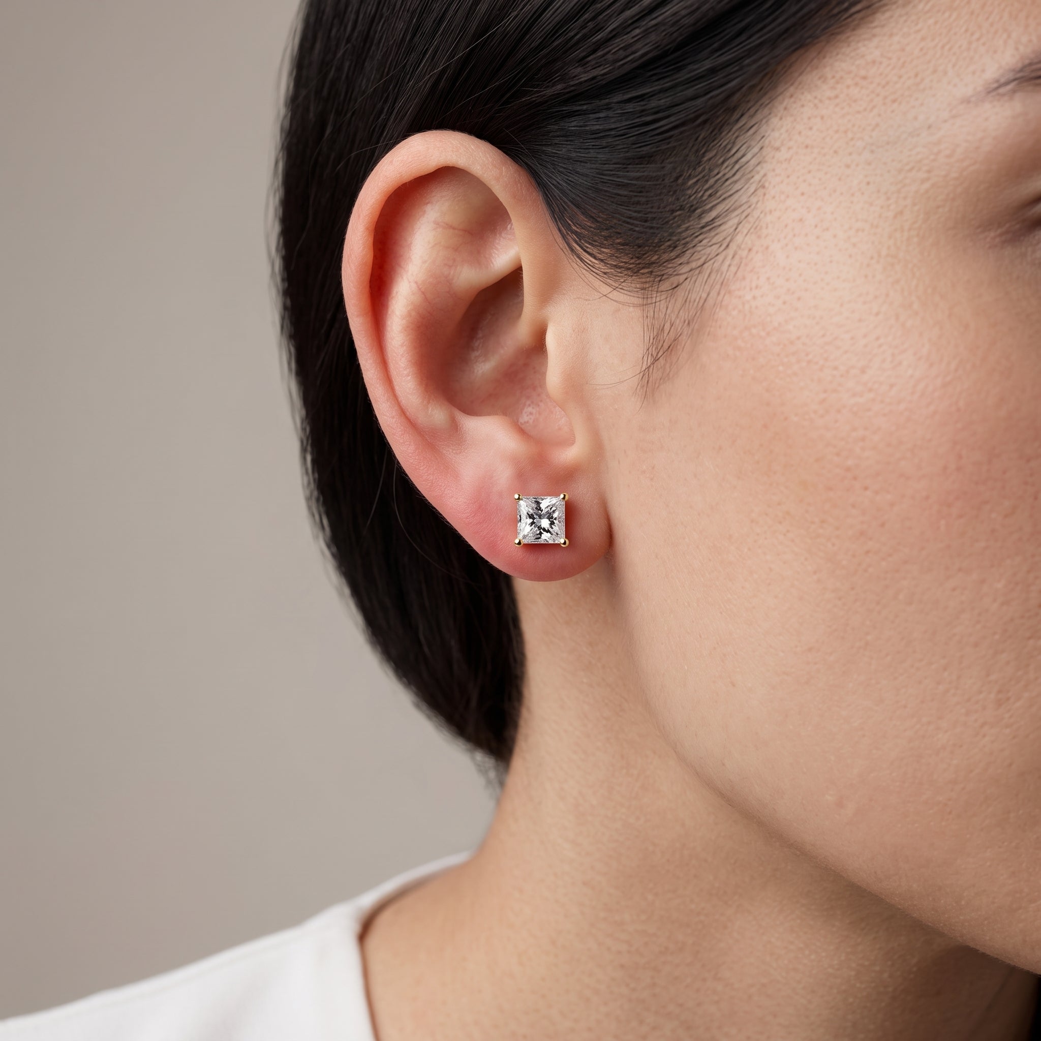 Yellow Gold Princess Cut Moissanite Stud Earrings