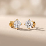 Yellow Gold Round Moissanite Stud Earrings with Screw Back