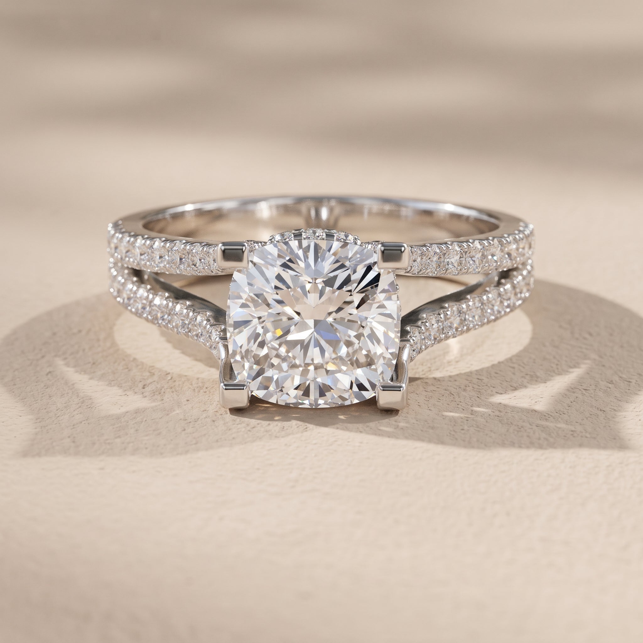 White Gold Cushion Cut Moissanite Split Shank Engagement Ring
