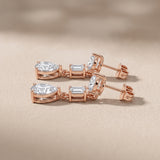 Rose Gold Pear & Emerald Cut Moissanite Drop Earrings