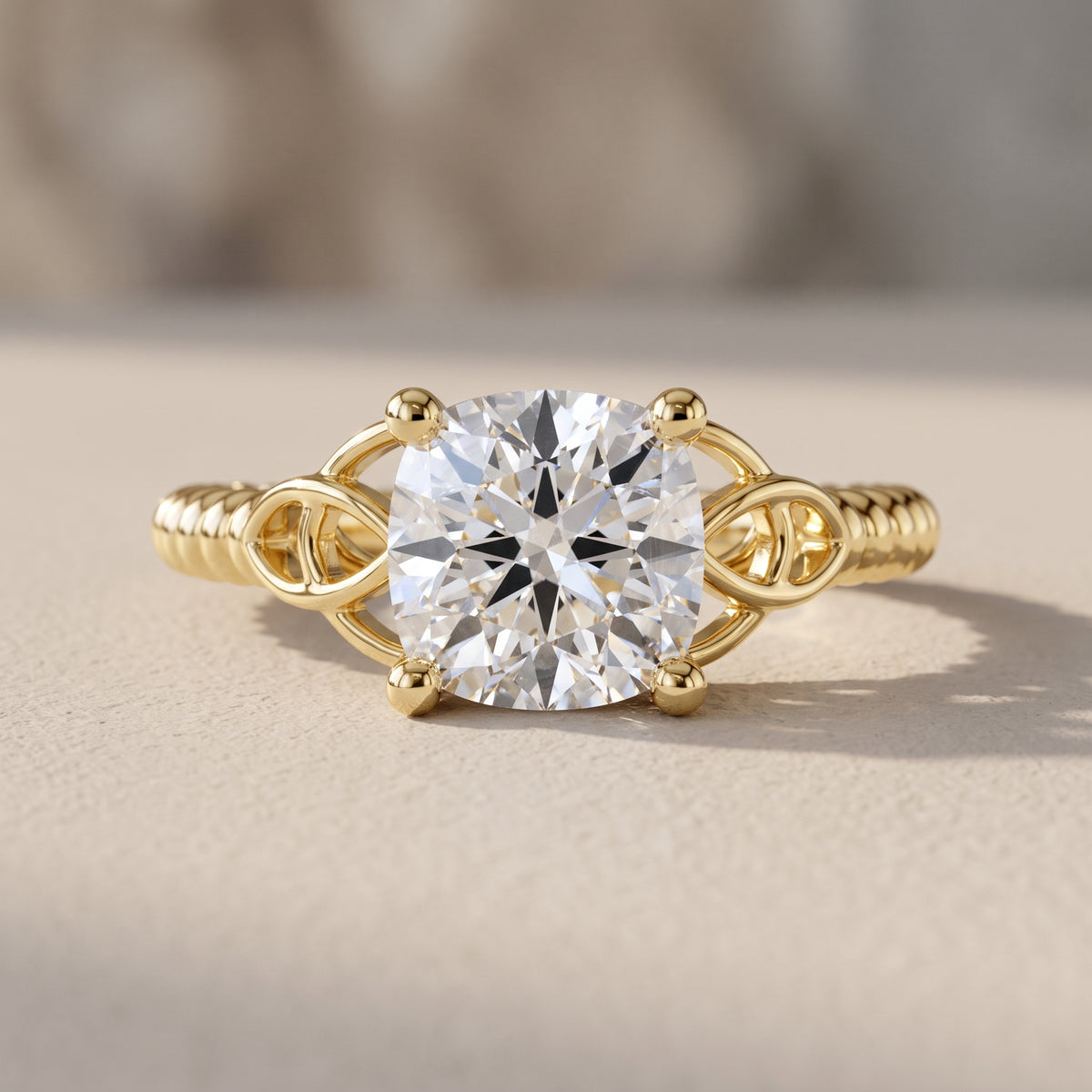 Yellow Gold Cushion Cut Moissanite Engagement Ring