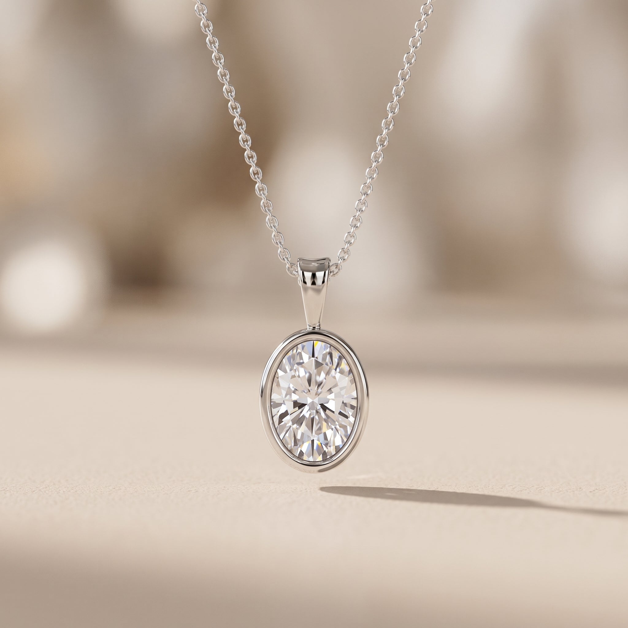 White Metal Oval Cut Moissanite Pendant Necklace