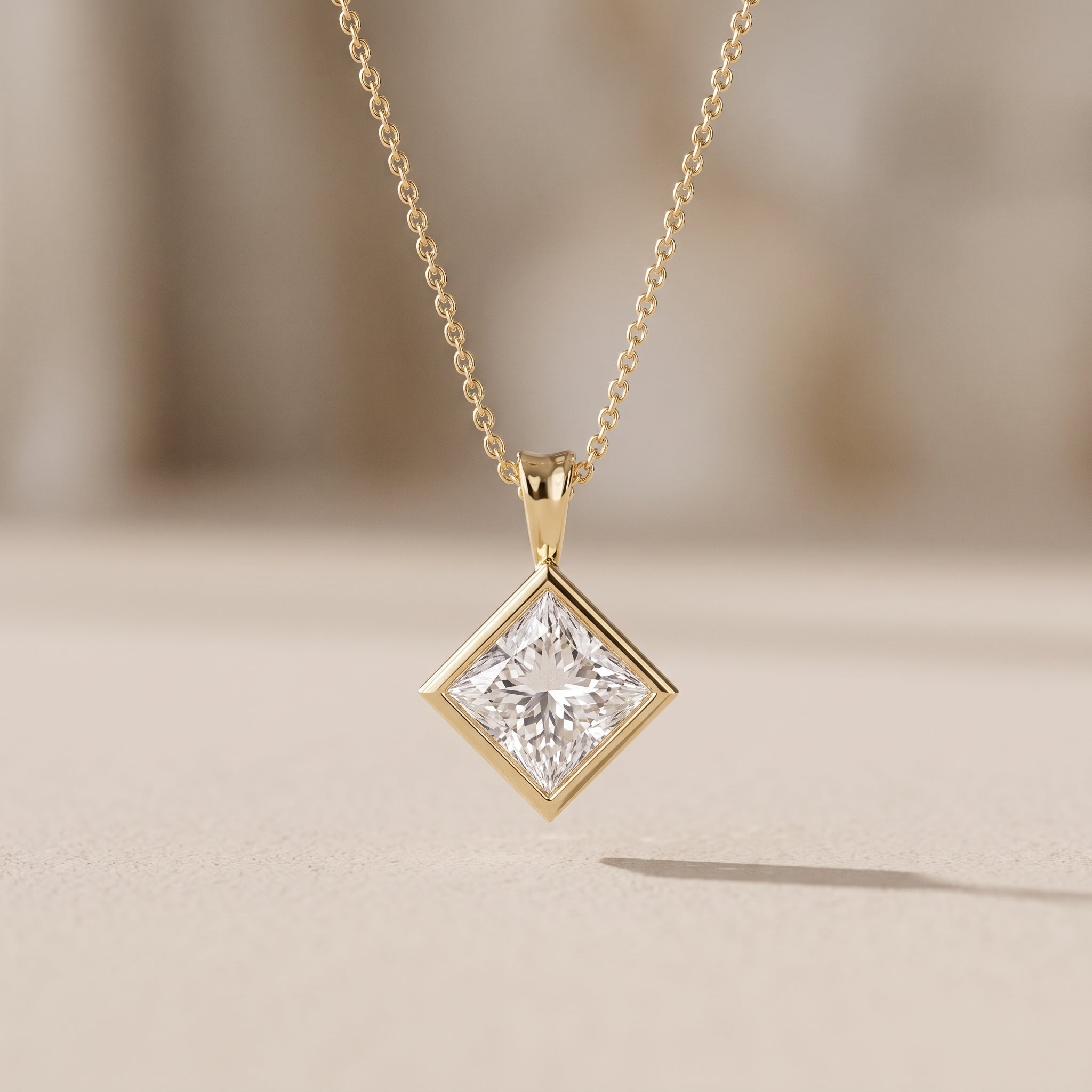 Yellow Gold Princess Cut Moissanite Pendant Necklace
