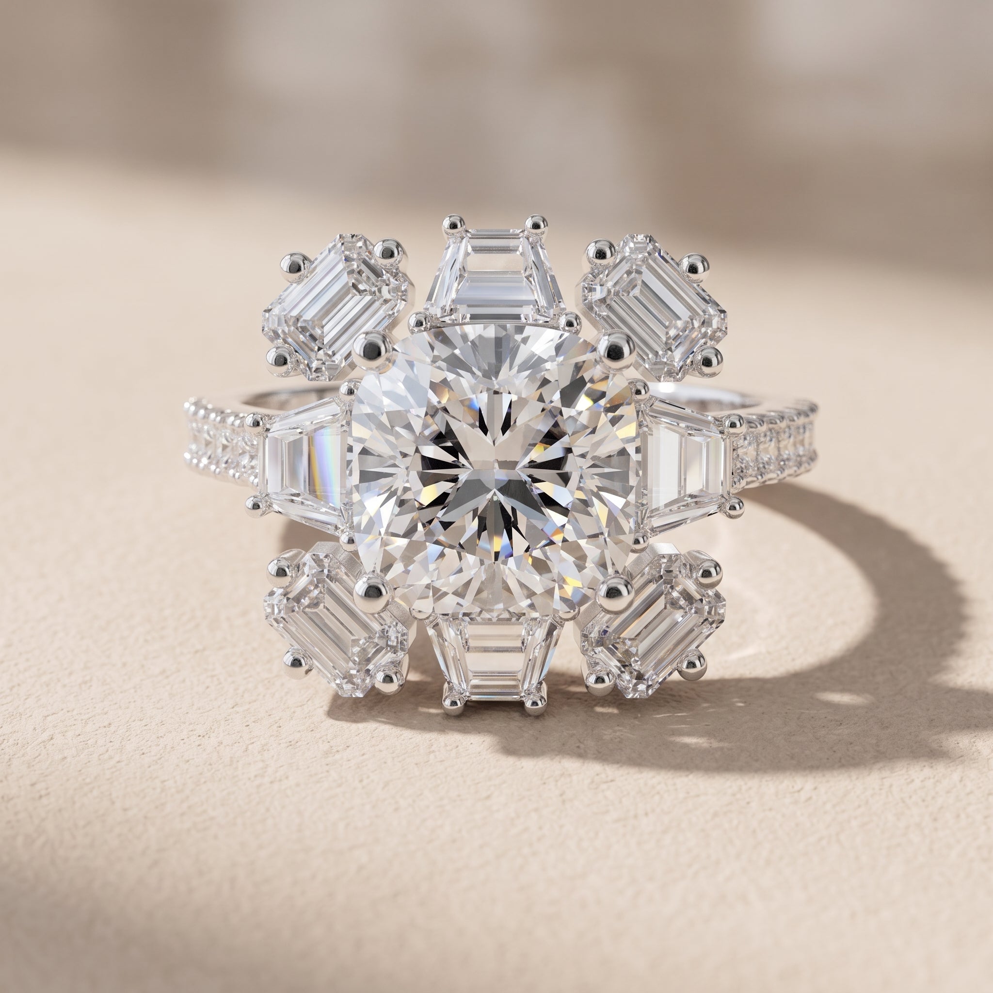 White Gold Round Moissanite Floral Halo Engagement Ring