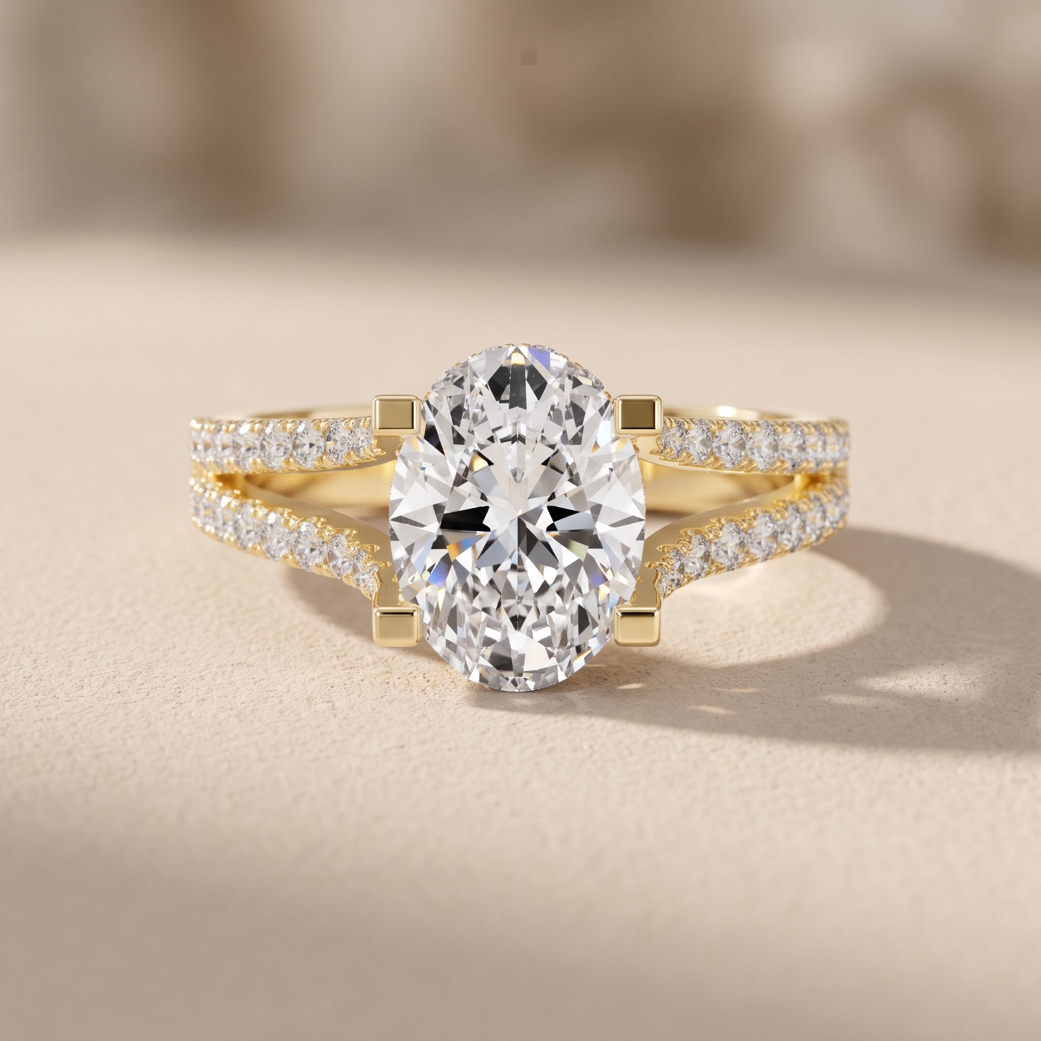 Yellow Gold Oval Cut Moissanite Split Shank Engagement Ring