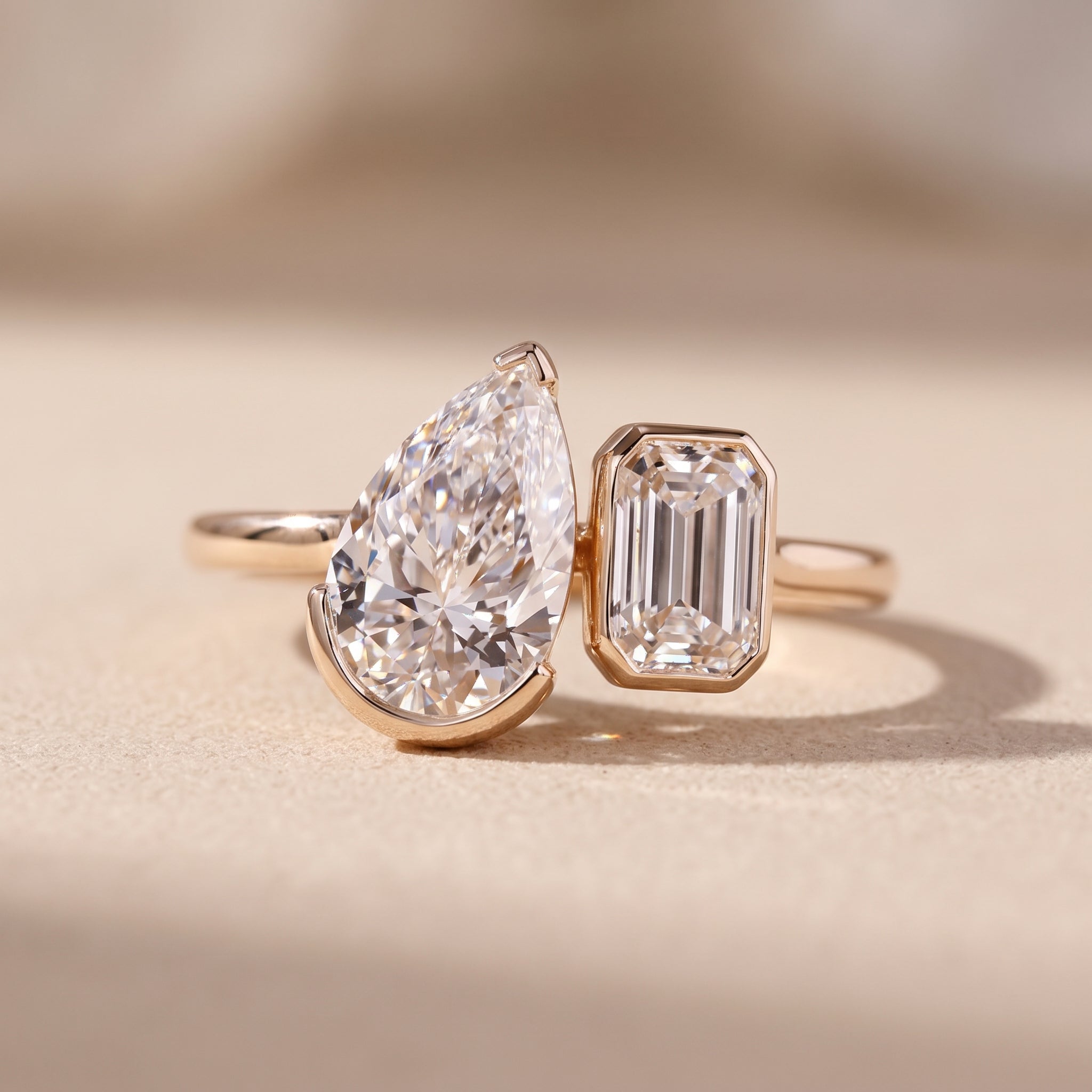 Rose Gold Pear & Emerald Cut Moissanite Open Ring